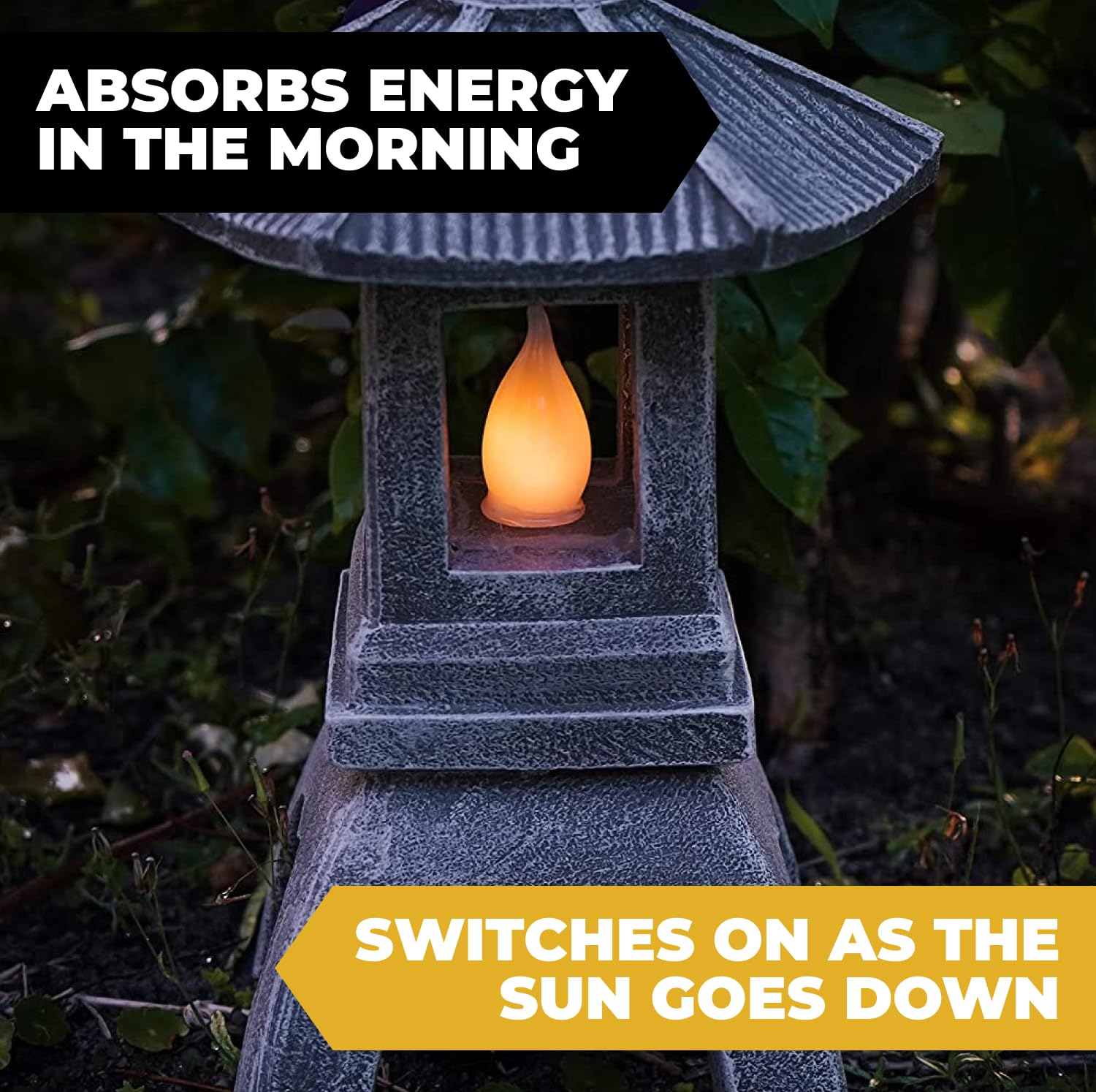 VP Home Solar Powered Pagoda Garden Statue, 12inH x 7.5inW x 6.5inD, Tranquil Pagoda, Outdoor Zen Lantern with Flickering LED Light