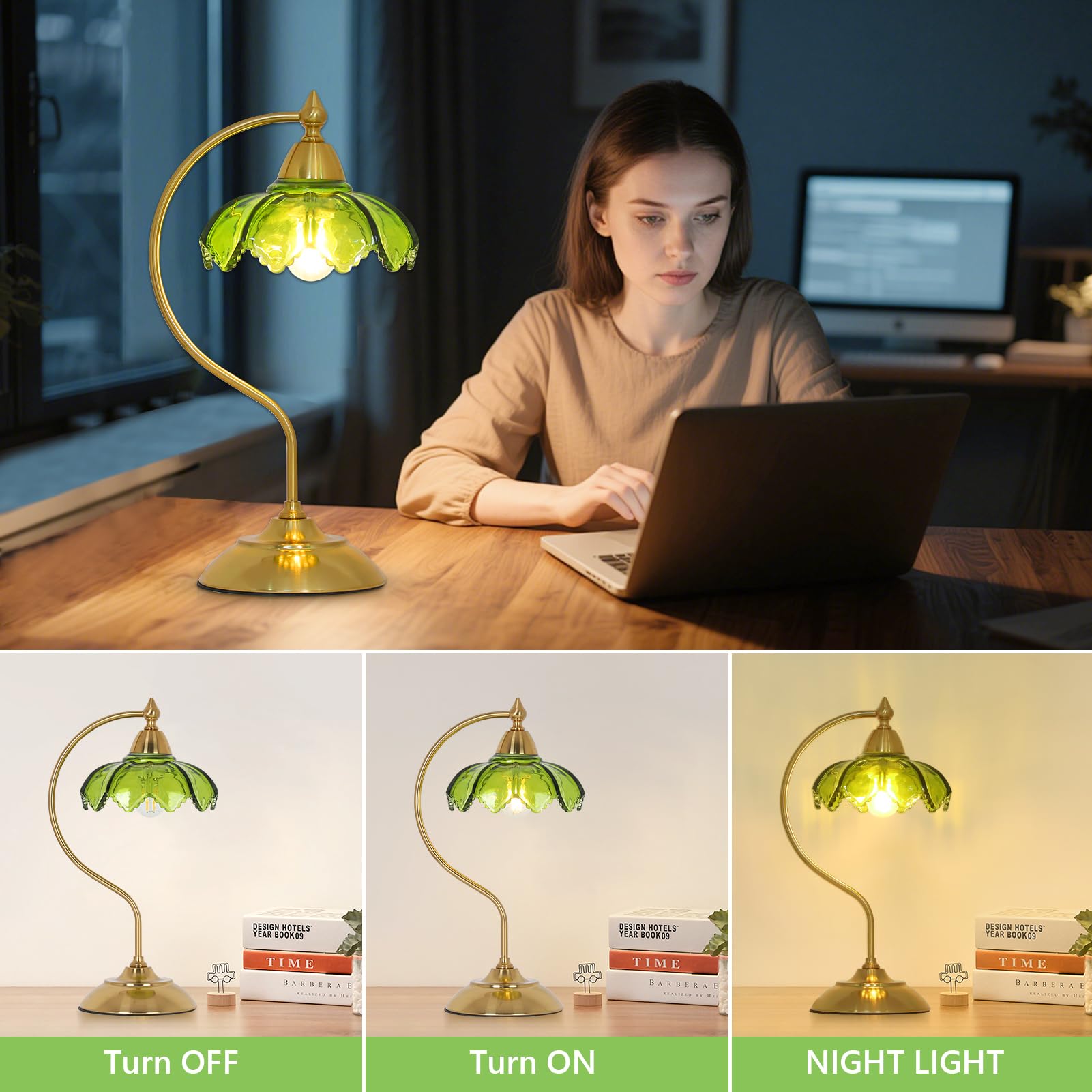 Artmooy Glass Beside Table Lamp - Vintage Flower Design, Gold & Green, 6.3" x 6.3" x 16.5", Metal, Model 250307A