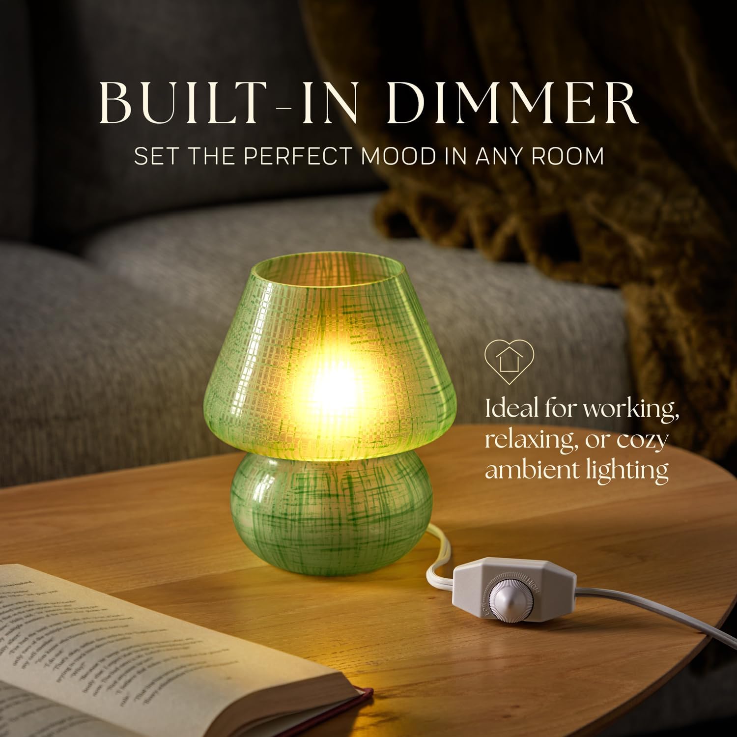 Next Glow LED Mushroom Table Lamp - Dimmable Night Light for Bedrooms & Kids Rooms - Small Green, Model LT-0328-1, Glass Material