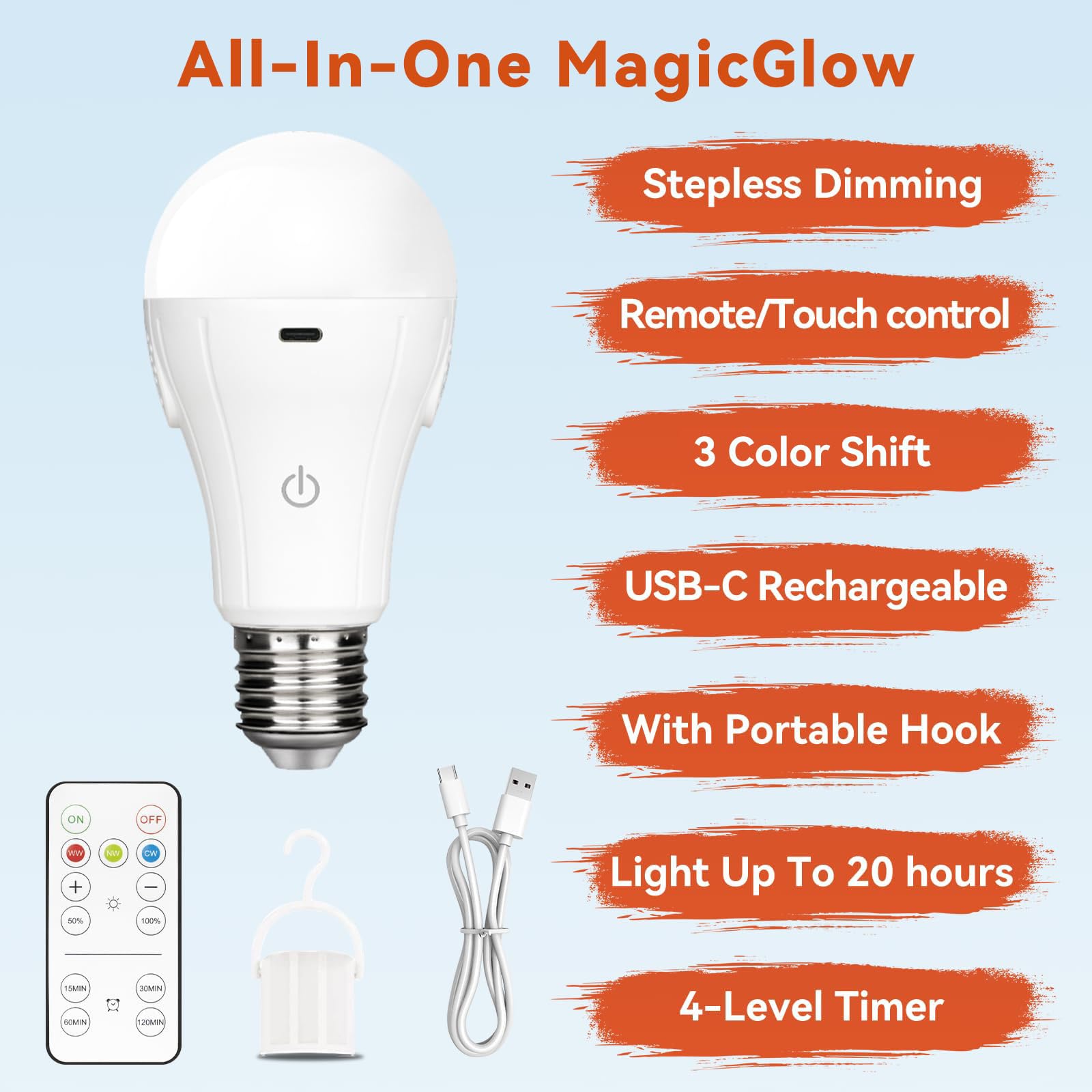 Neporal MagicGlow Rechargeable A19 LED Light Bulb, Dimmable, 3 Colors, ABS, USB Rechargeable, White, 15W, Up to 24 Hours, 1