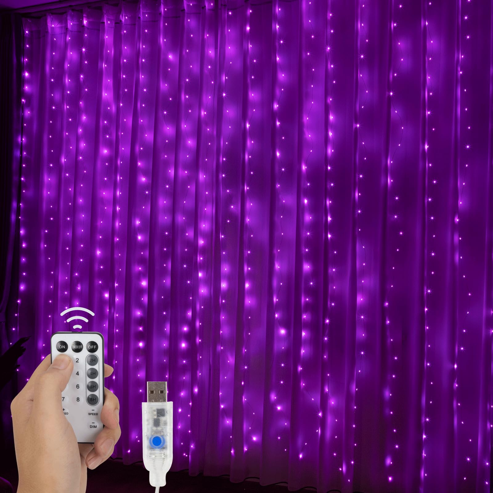 NWLIGHT Purple Fairy Curtain Lights, 300 LED, 9.8x9.8 FT, USB Plug-in, 8 Modes - Wedding Backdrop, Bedroom Decor