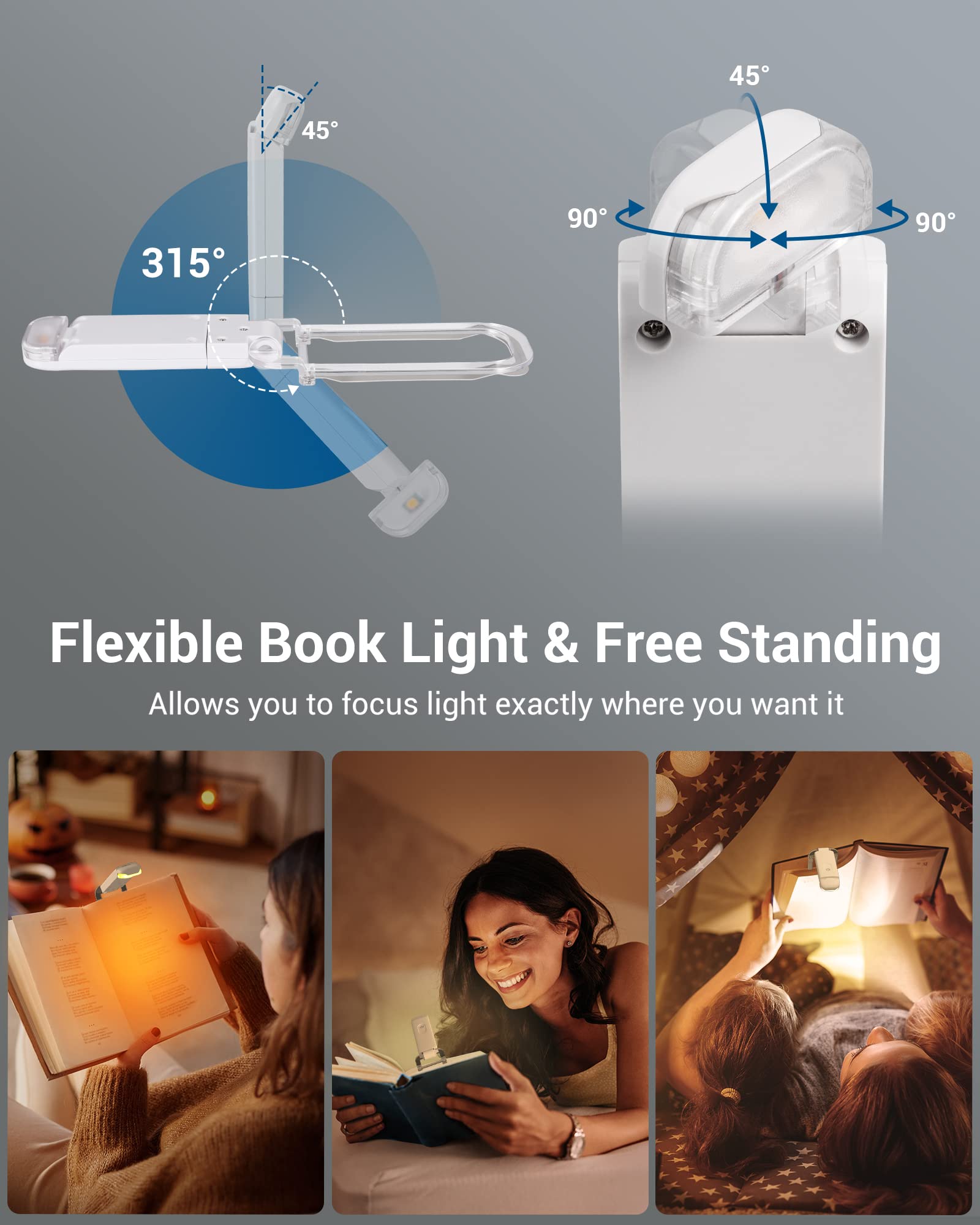 Dewenwils Book Light Rechargeable, Amber Reading Lights For Books In Bed, Blue Light Blocking, 4 Brightness Adjustable For Eye Care, Clip On Led Book For Kids, Bookworms (White)