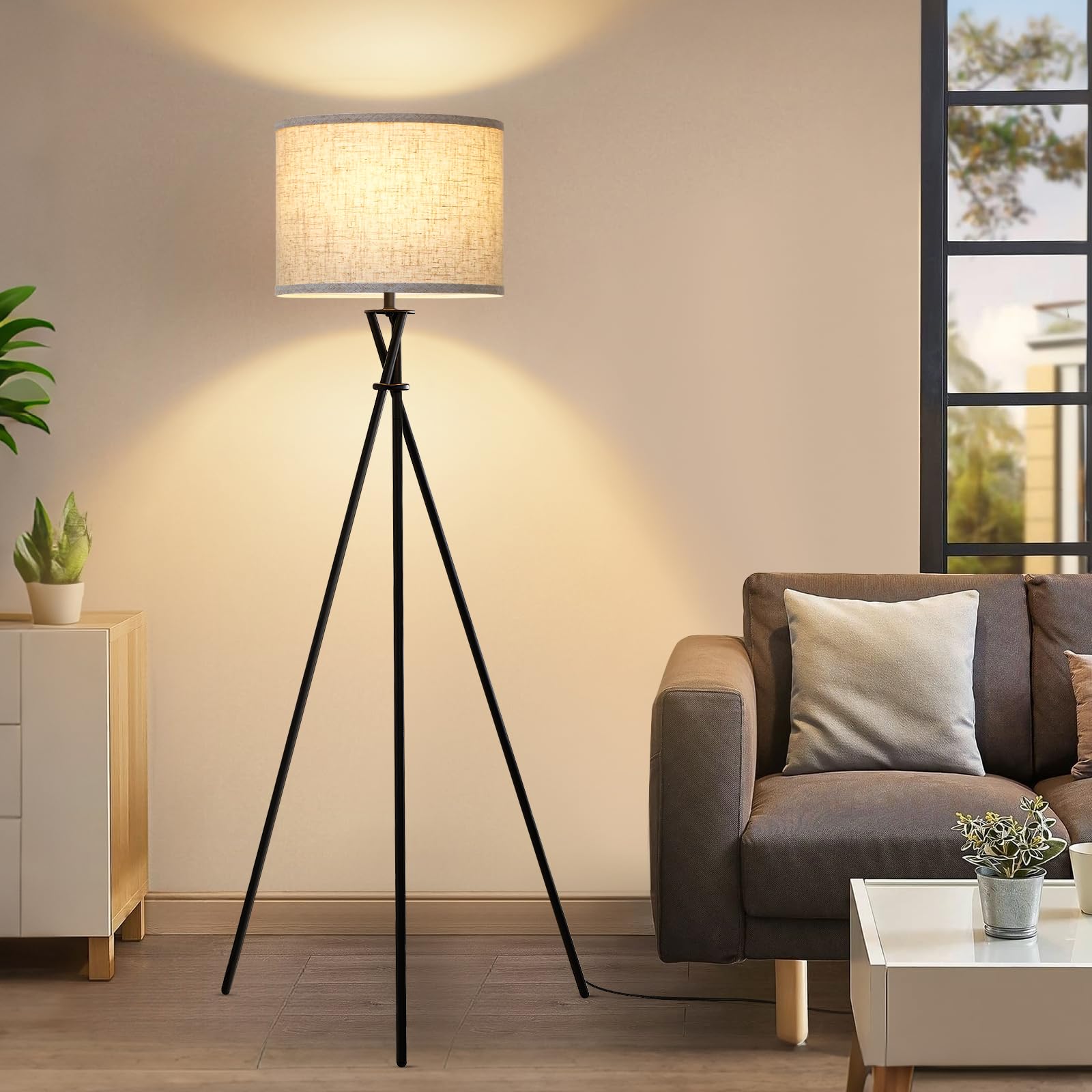 Luvkczc Tripod Floor Lamp, 61in Tall, Black Metal with Beige Shade, Model 1FL-054-03