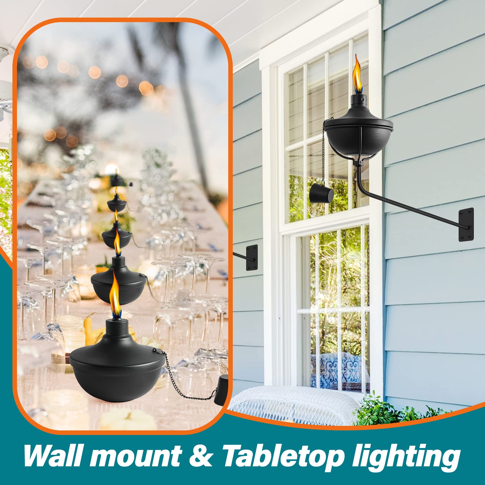 Fan-Torches Wall Mounted Citronella Torches Set Of 6, 24 Oz Garden Torches For Outside, Refillable Flame Light Torch, Outdoor Me