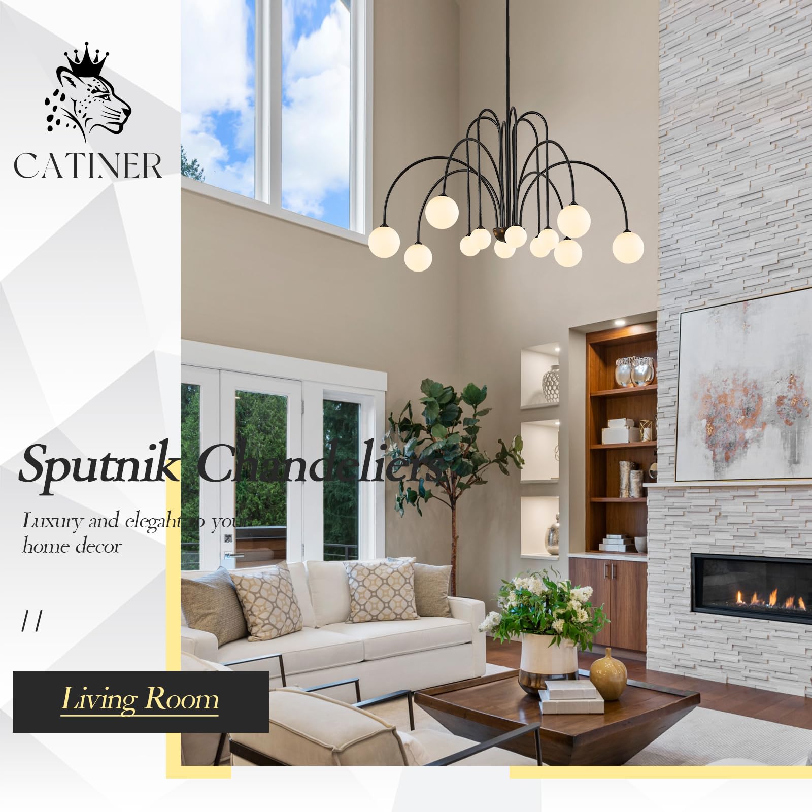 CATINER Black Sputnik Chandelier, 12 Lights, Modern Design, Milk Glass Shades, 52” for High Ceilings, Model P93-12B1