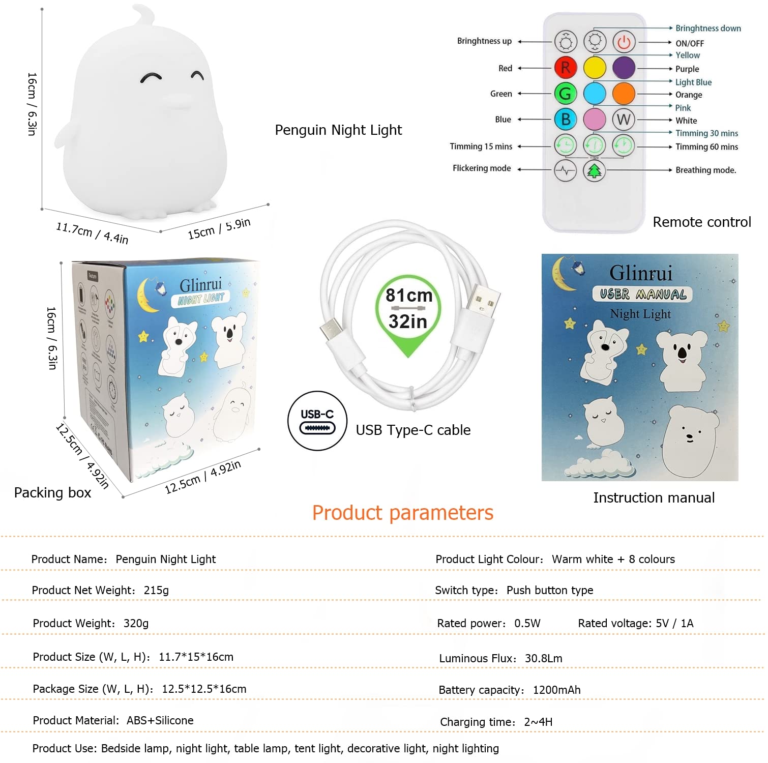 Glinrui Large Penguin Night Lights for Babies Bedroom Light, lamp Kids, Toddler Nursery lamp Soft Decorative Lamps - Break Resis