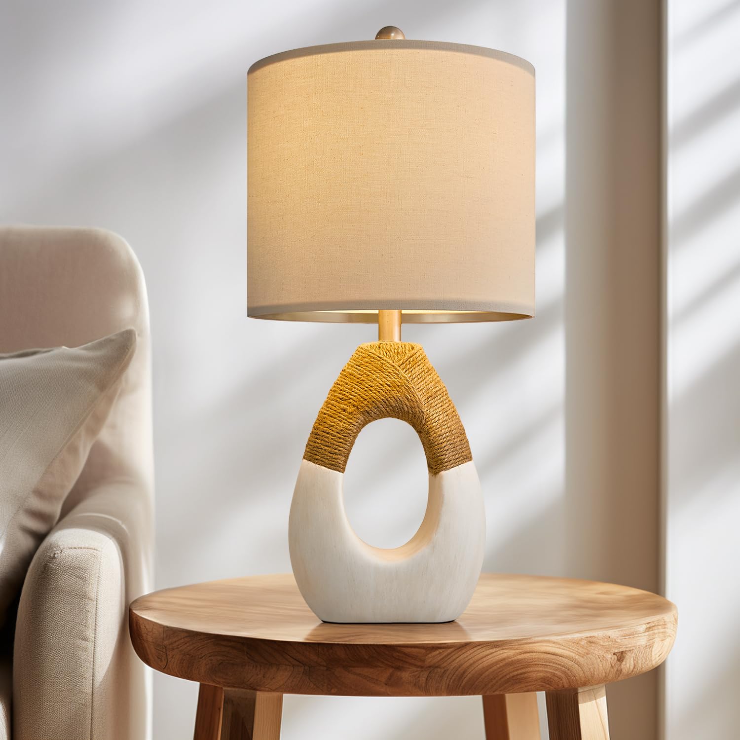 OYEARS Boho Rattan Table Lamp Set of 2 - 19” Rustic Nightstand Lamps for Bedroom, Living Room, Office - Compatible with Smart Bulbs