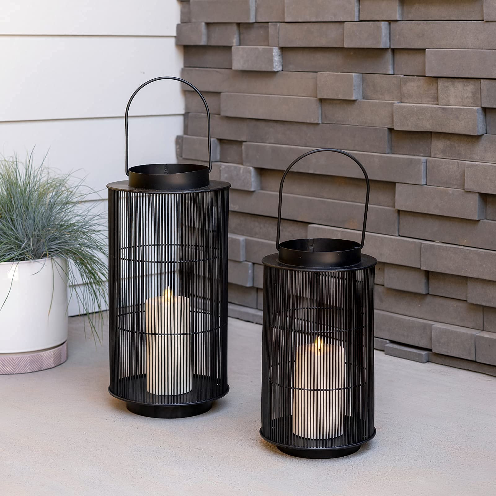LampLust Outdoor Lantern - 16 Inch Black Metal Candle Lantern, Battery Operated LED with Timer, Waterproof, Modern Farmhouse Decor