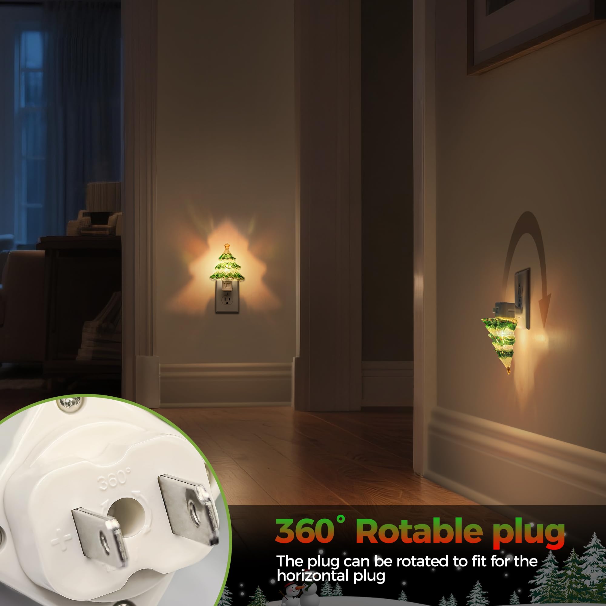 DORESshop Christmas Tree Night Light, 3000K, 2 Pack, Warm White, Plug-in with 360° Rotation, Cute Holiday Decor for Kids