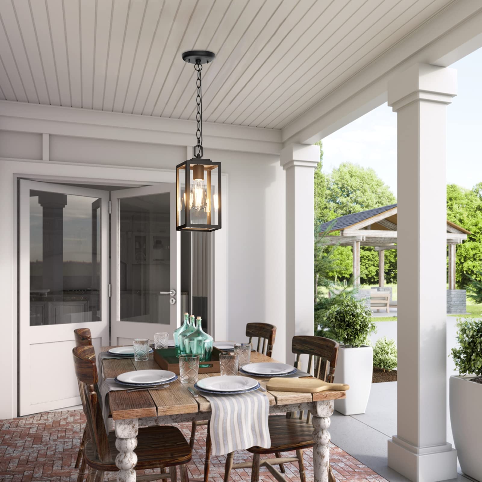 Aoceley Modern Outdoor Pendant Light, 1-Light Matte Black Aluminum Lantern For Porch & Yard