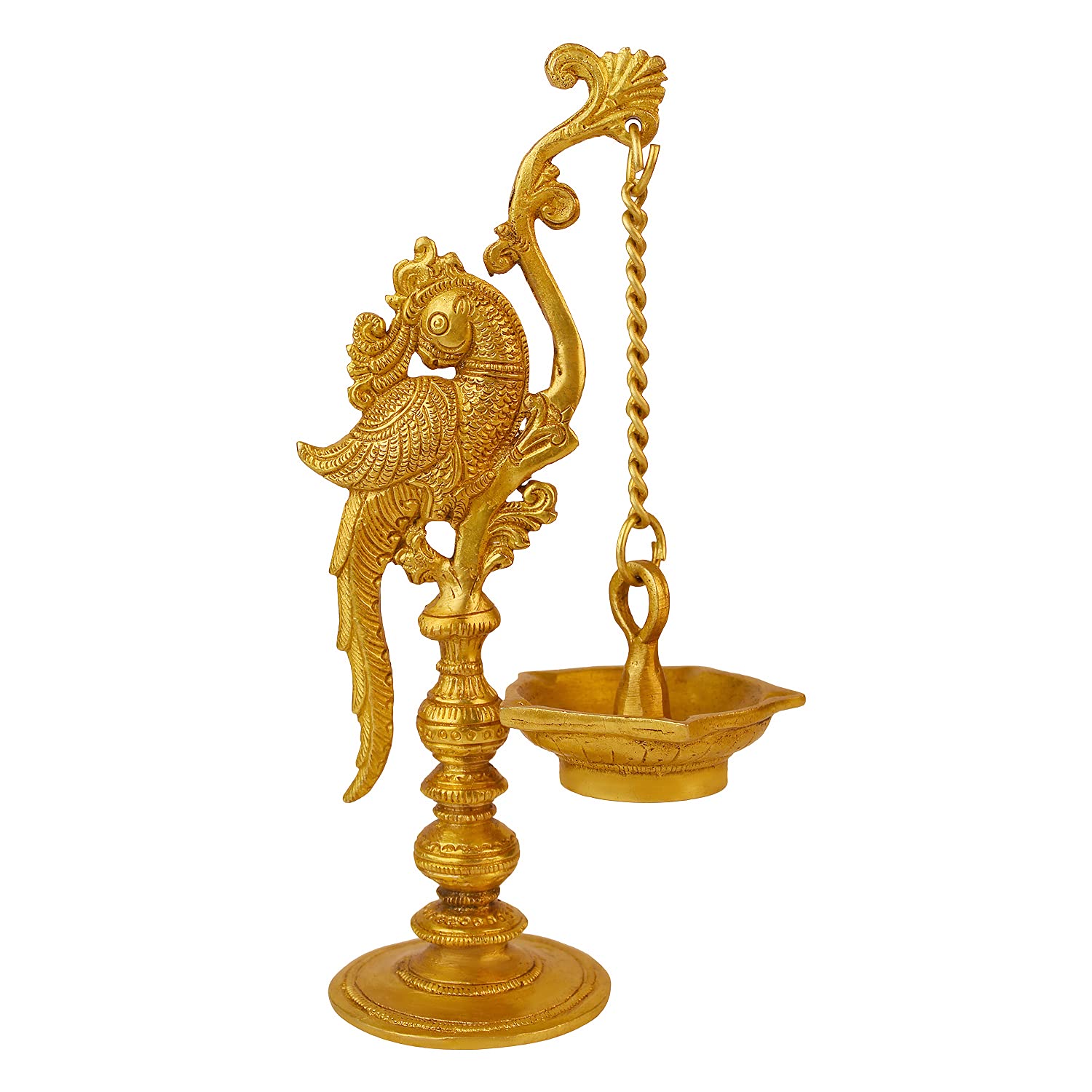 Kartique Brass Parrot Long Chain Oil Lamp Diya Deepam (Height 9 Inch, Gold, Small)