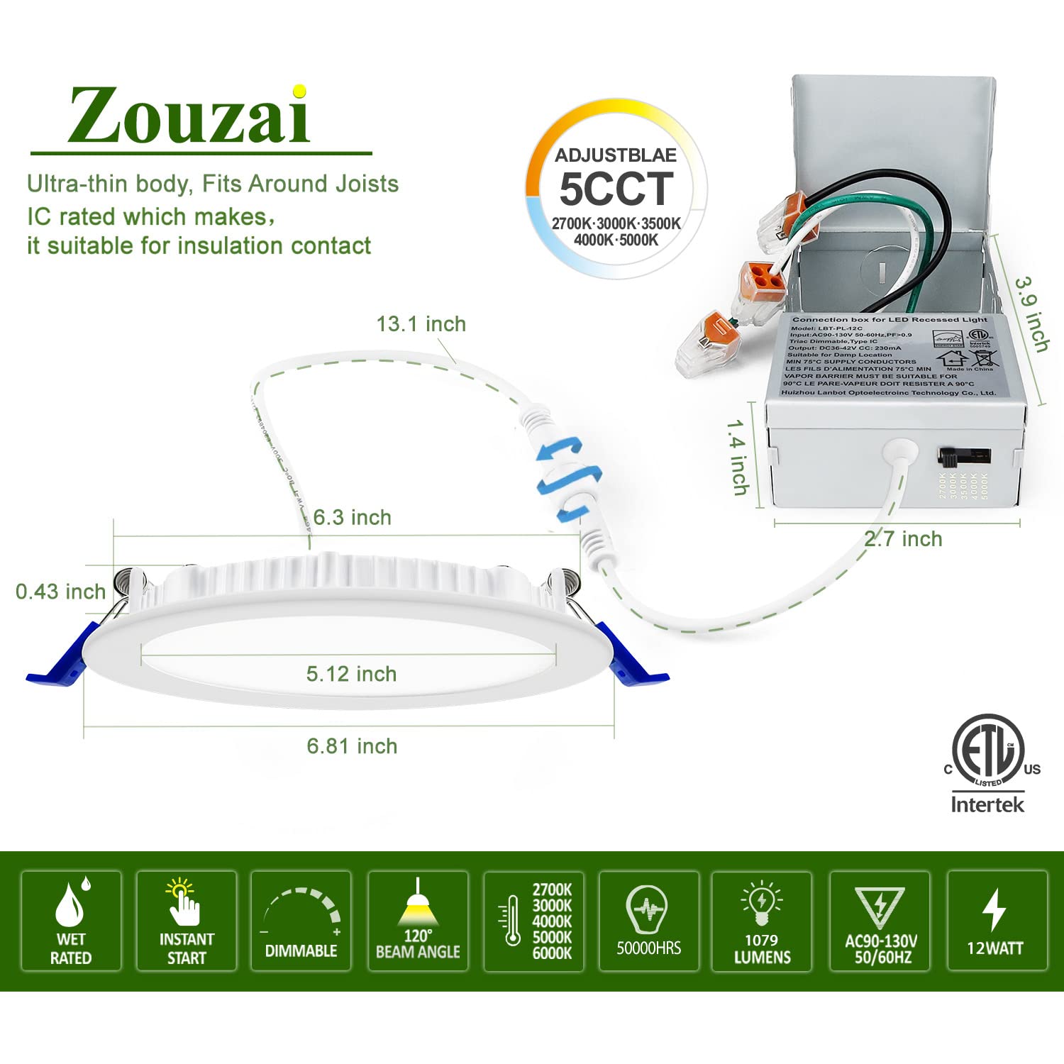 Zouzai 12 Pack 6 Inch 5Cct Ultra-Thin Led Recessed Ceiling Light With Junction Box, 2700K/3000K/3500K/4000K/5000K Selectable, 12W Eqv 110W,Dimmable, Led Can Lights- Etl And Energy Star Certified