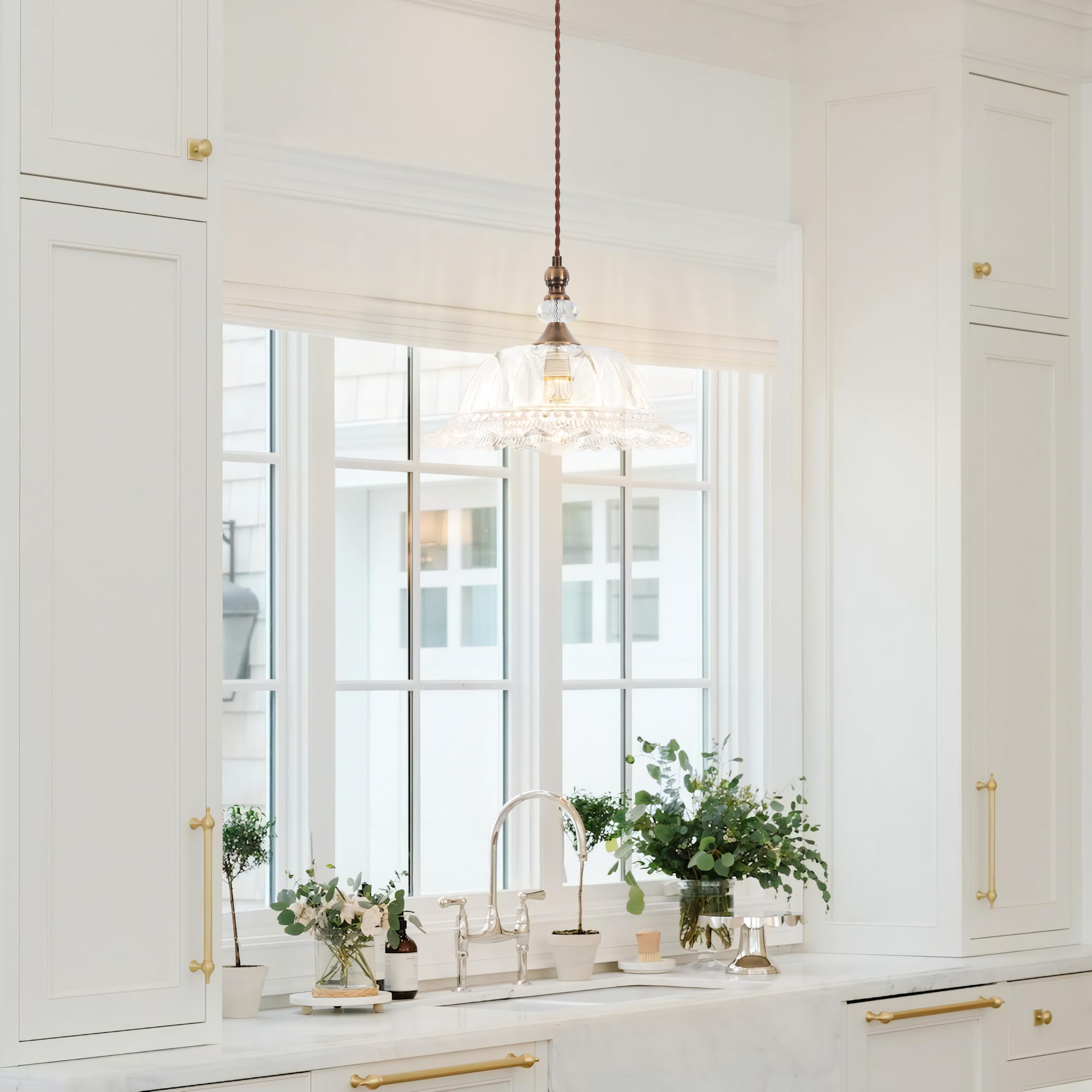 Cwarmozy Vintage Pendant Light Fixtures For Kitchen Island Brass Gold 10.6'' Glass Small Pendant Lights Adjustable Hanging Light