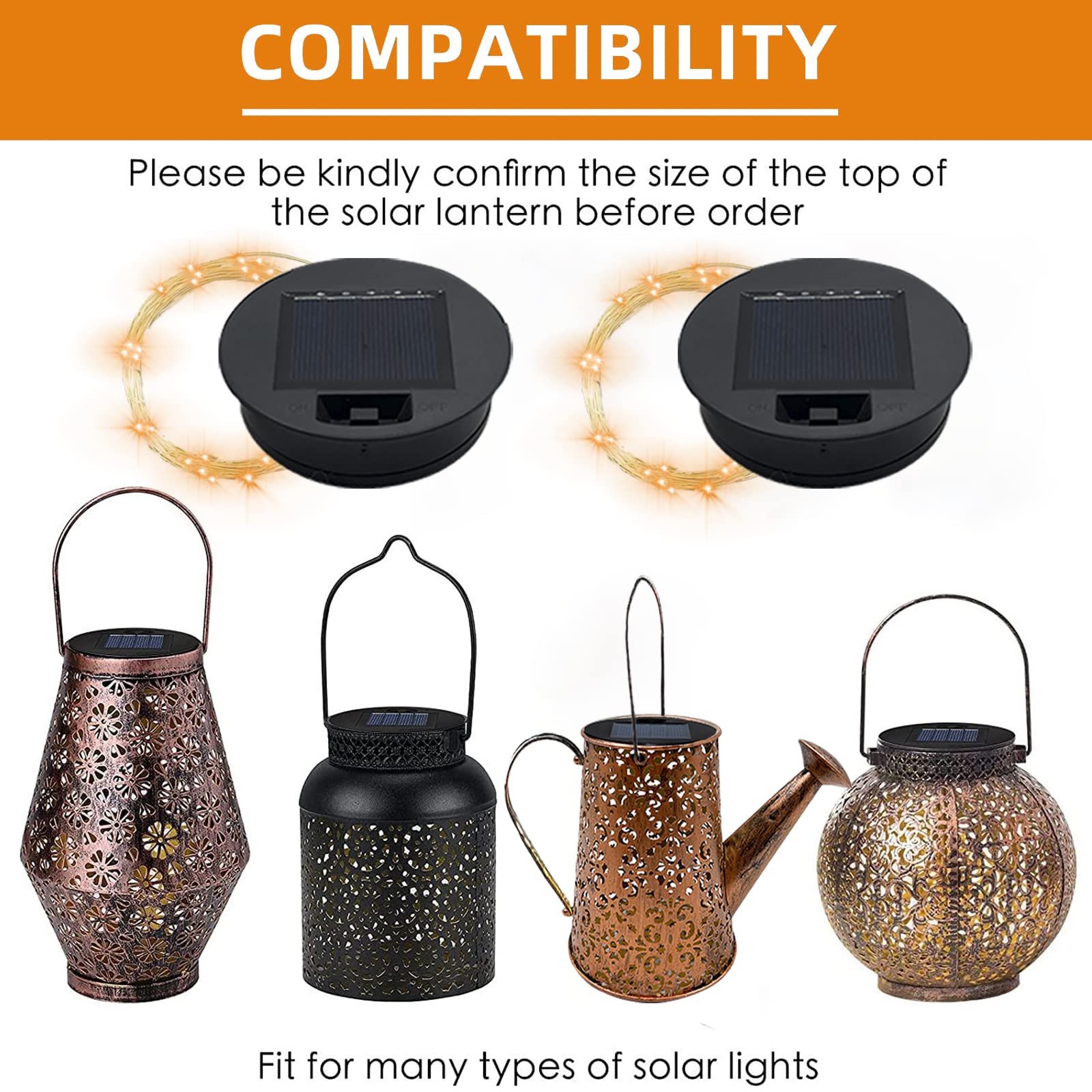 Solar-Replacement Top Lantern Waterproof String - 2 Packs Round Panels Copper Wire Accessories For Garden Watering Can Lights Ou