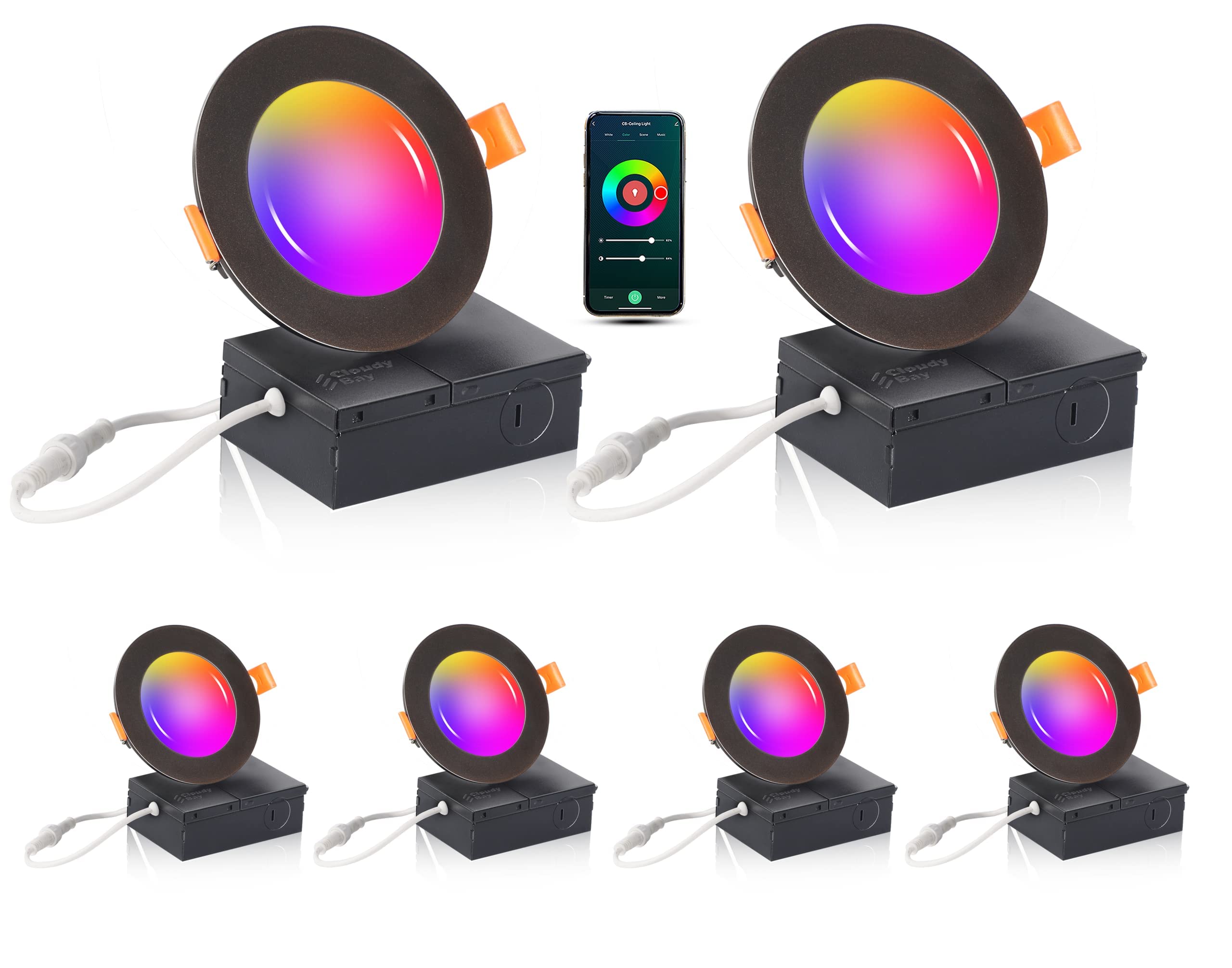 Cloudy Bay [6 Pack] 4Inch Smart Wifi Led Recessed Lights,Rgb Color Changing Recessed Lighting,Compatible With Alexa And Google Home Assistant,10W 2700K-6500K,Cri90+ Wet Location,Oil Rubbed Bronze