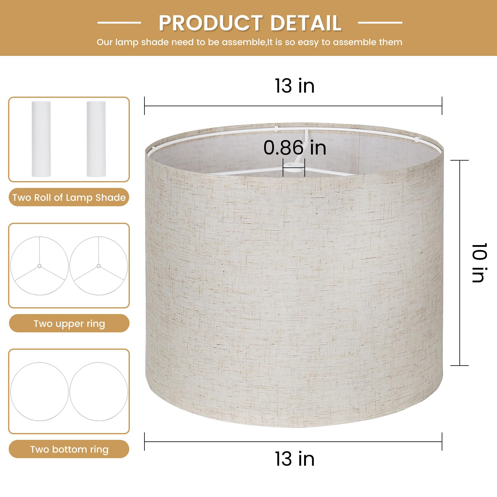 Dgroositon Drum Lampshade Set of 2, Beige Linen, 13in Top x 13in Bottom x 10in High, Hand Crafted, Easy Assembly