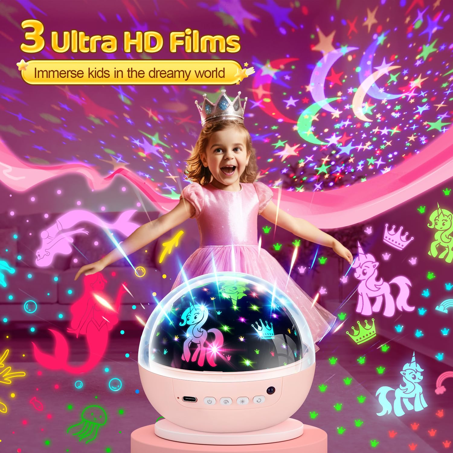 PIKOY Star Projector & Unicorn Princess Toy for Girls, 3 Slides, Pink, Model WH-E26, Birthday Gift for Ages 2-8