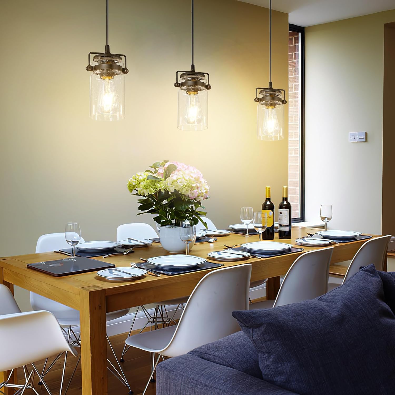 Industrial Pendant Lighting For Kithen Island  Black Pendant Light Fixture With Clear Glass Shade  Modern Mini Ceiling 3 Light Fixture Adjustable Kitchen Island Lighting(E26 Base)