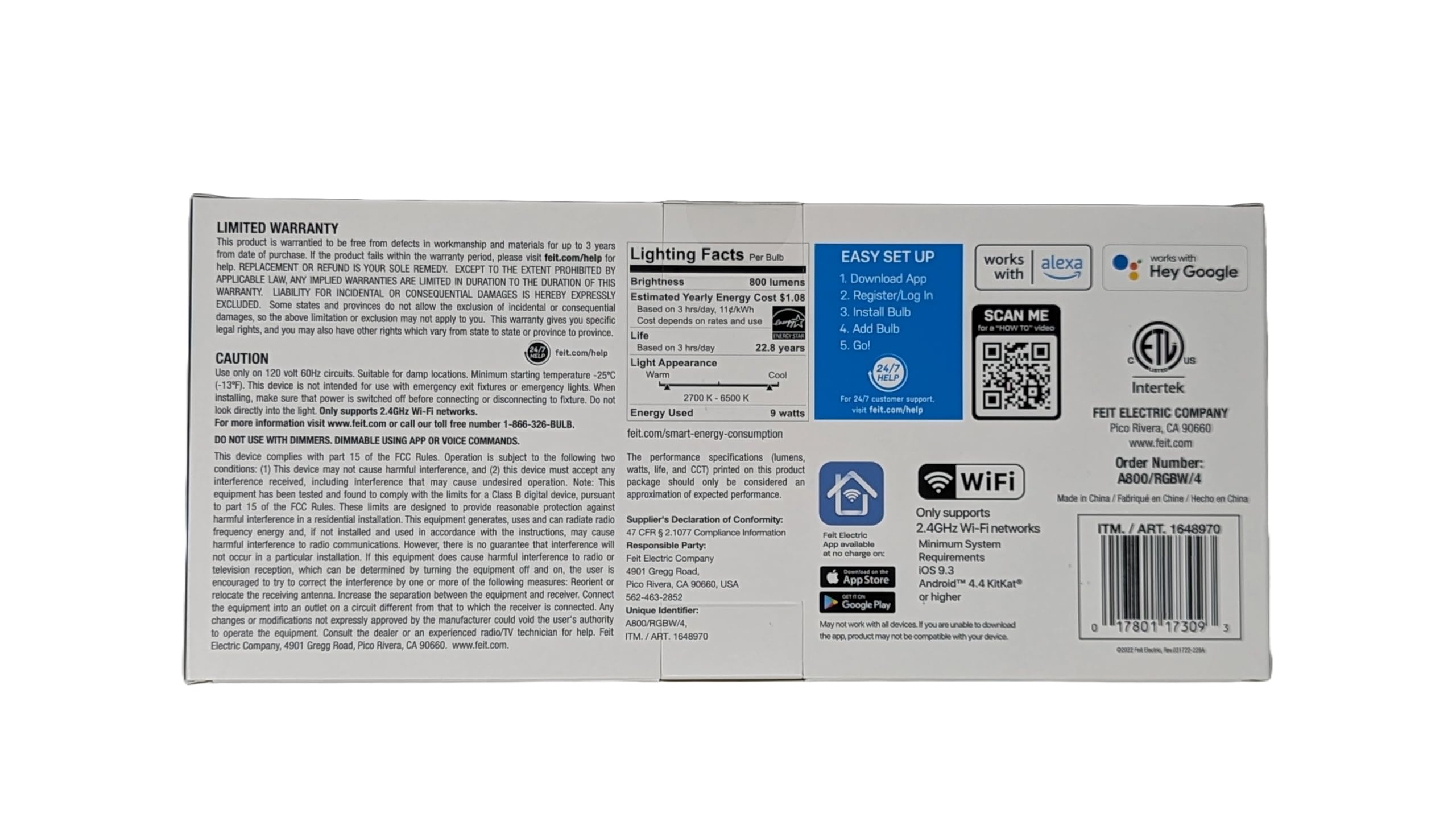 Feit 4-Pack Wifi Led Smart Bulbs (60W Replacement, 4-Pack) Color Changing