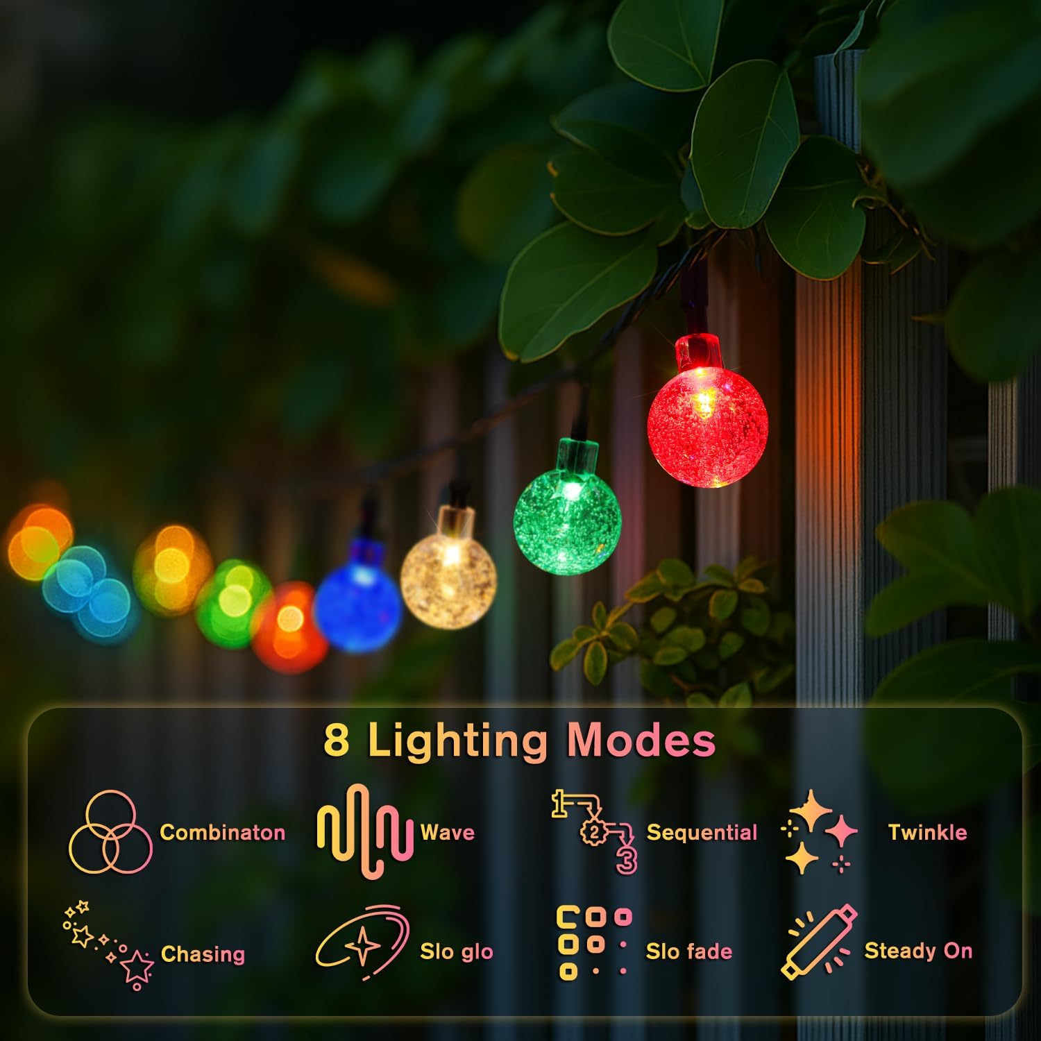 Metaku Solar String Lights 72FT 120 LED Crystal Globe 8 Modes Multicolor
