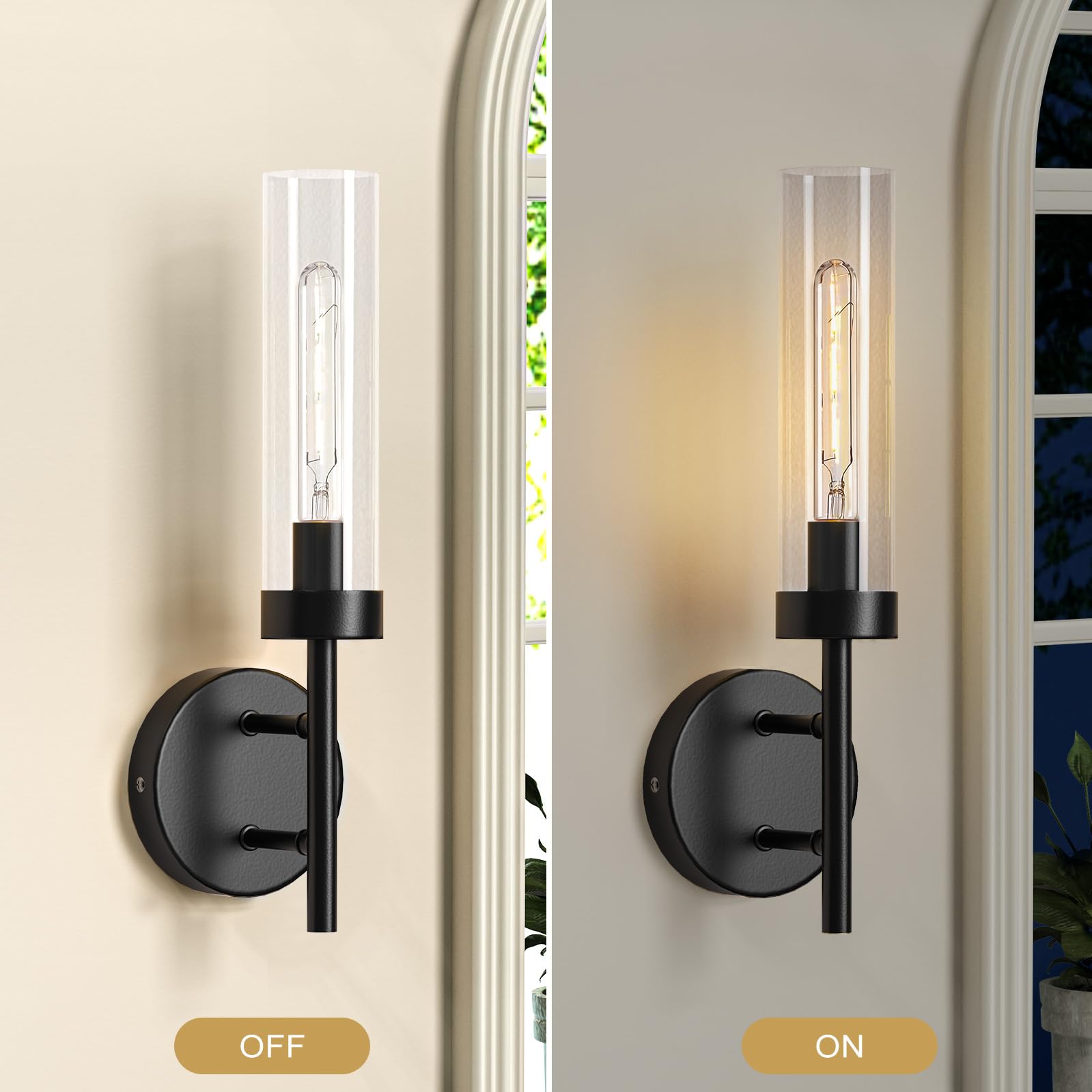 E.P. Light Black Hardwired Wall Sconces Set of 2, Modern Metal Vanity Fixtures with Clear Glass Shade for Bathroom and Living Room, Model EP0101