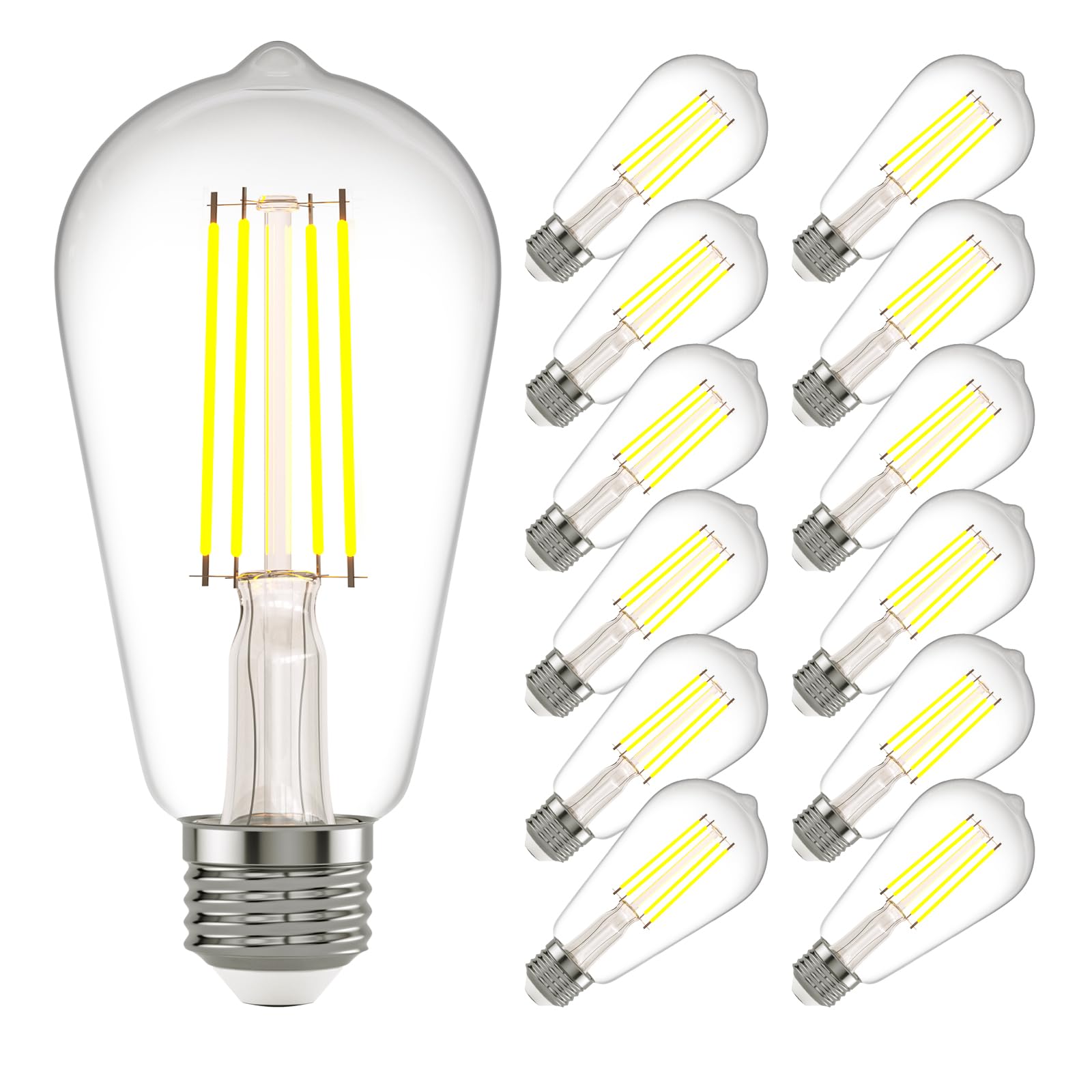 Kawaya E26 LED Edison Bulbs, 6W Equivalent 60W, Dimmable, 12 Pack, 2700K Warm White, ST58, Glass, 800 Lum
