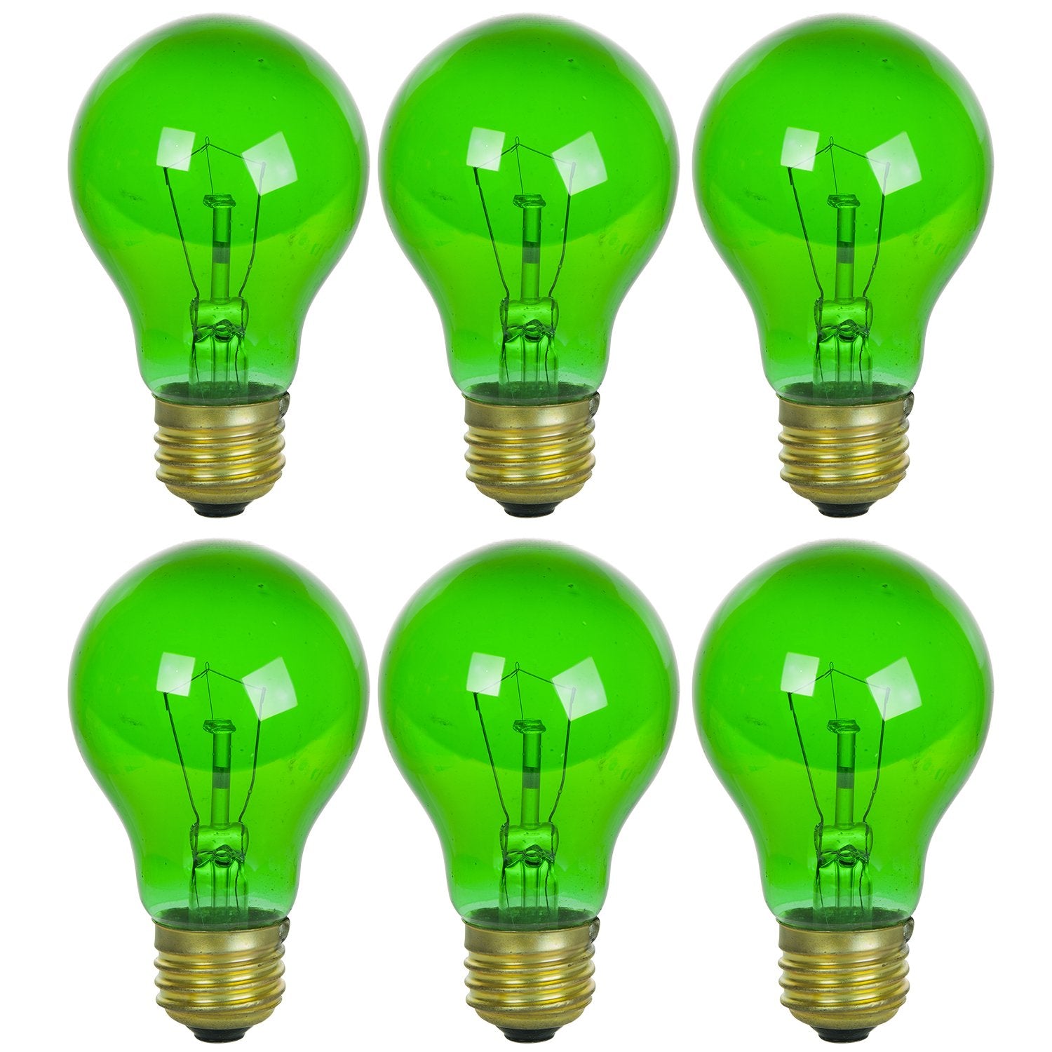 Sunlite A19 Colored Incandescent Light Bulb, 25 Watts, 120 Volts, Green, Transparent, Medium E26 Base, Dimmable, 6 Pack