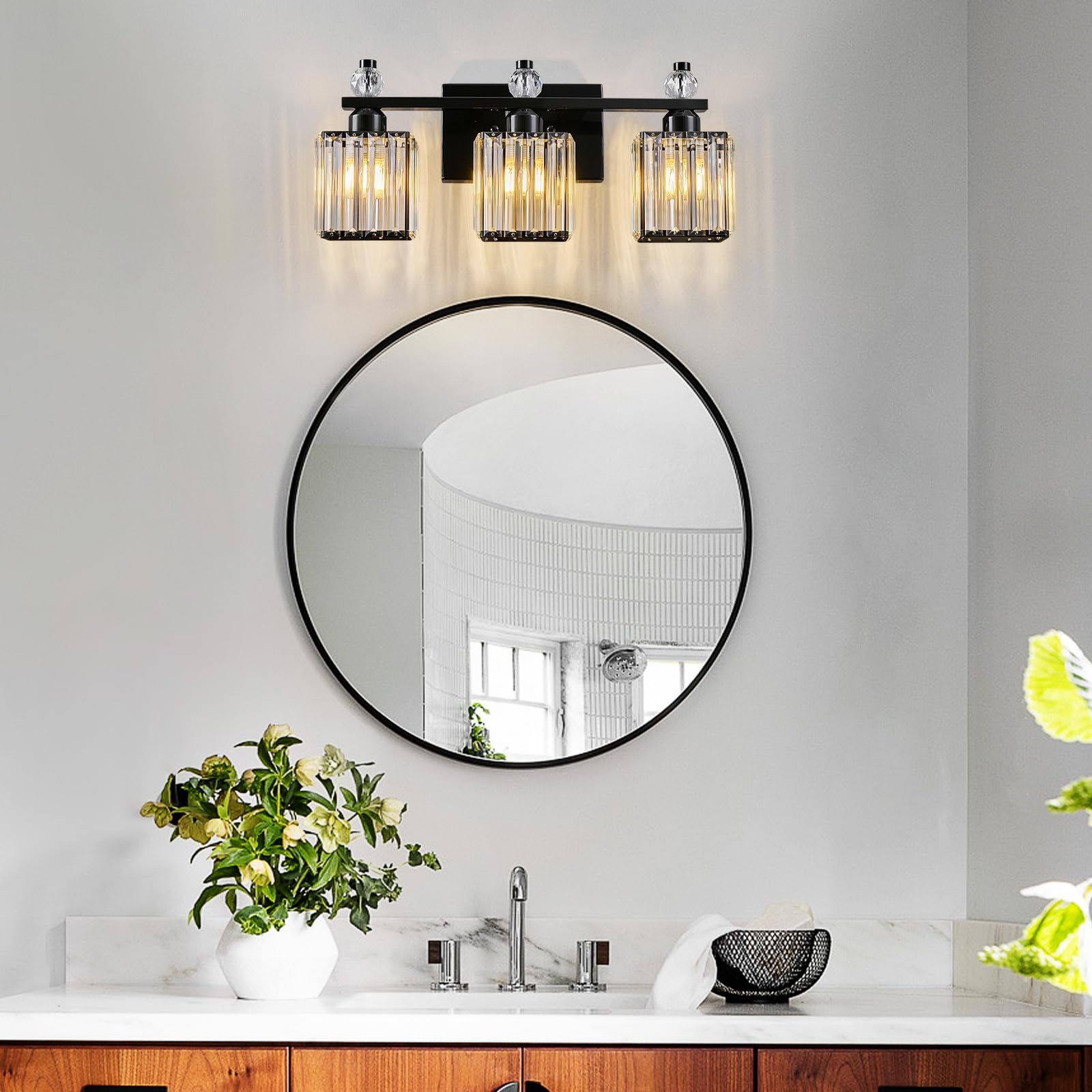 FDPBY Black Bathroom Vanity Lights, 3-Light Crystal Fixture, Metal, Modern Design, Model 290