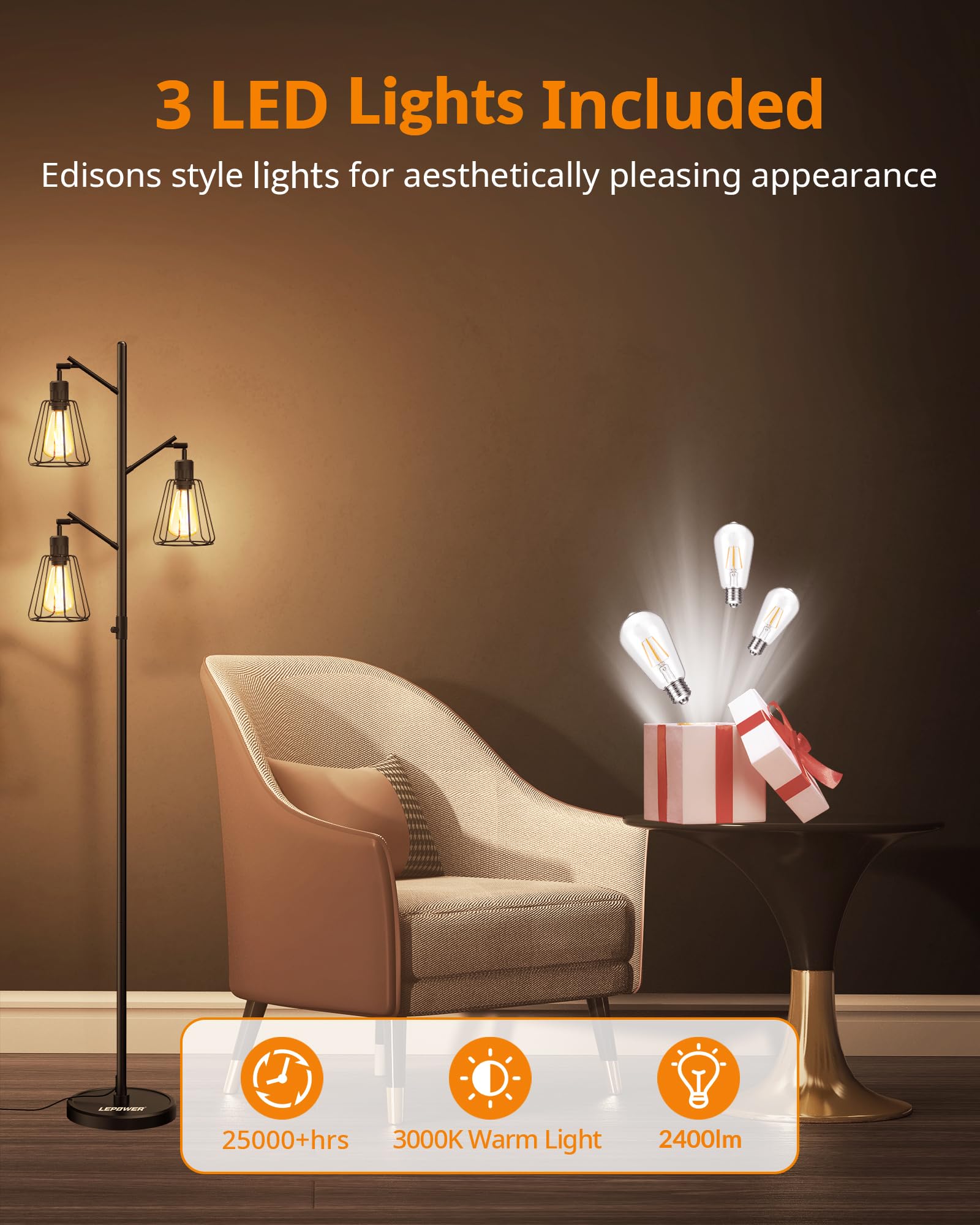 LEPOWER Industrial Floor Lamp, Dimmable 3 x 800LM LED, Black Metal, Model LP-US-IDFL-AS-03