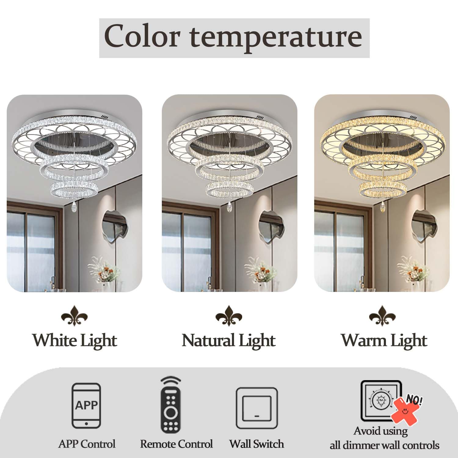 Flashing God W40 Crystal Chandelier - Modern Flush Mount, Dimmable, Silver, 40in, Model: MMQ0268-100CM-F, Ideal for Living Room and Foyer