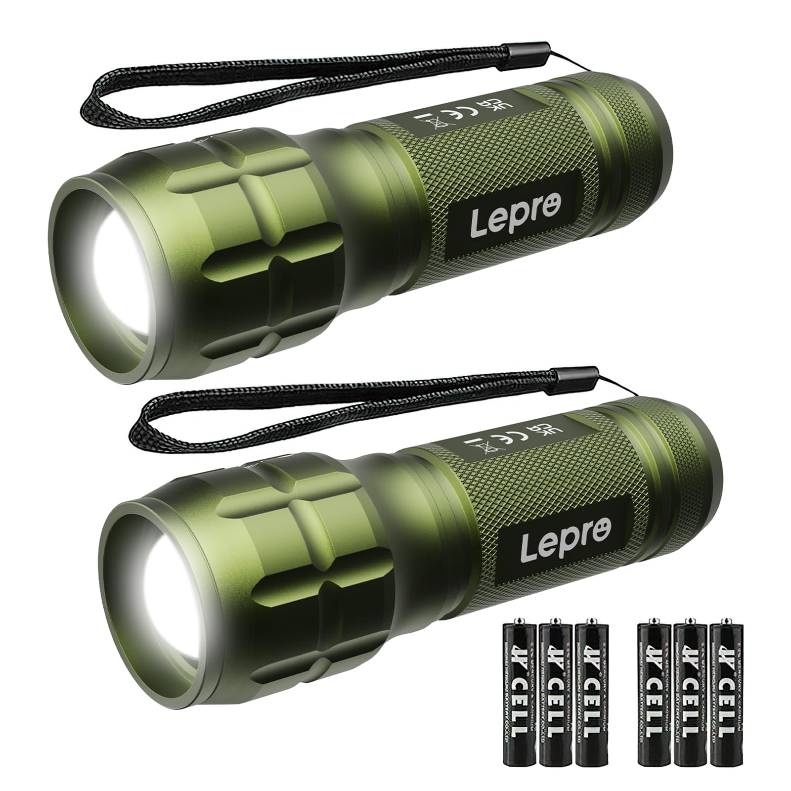 Lighting EVER LED Flashlights, High Lumens, Waterproof, Small, Aluminum, Green, Model 1200012, 2 Pack, AAA Batteries Included