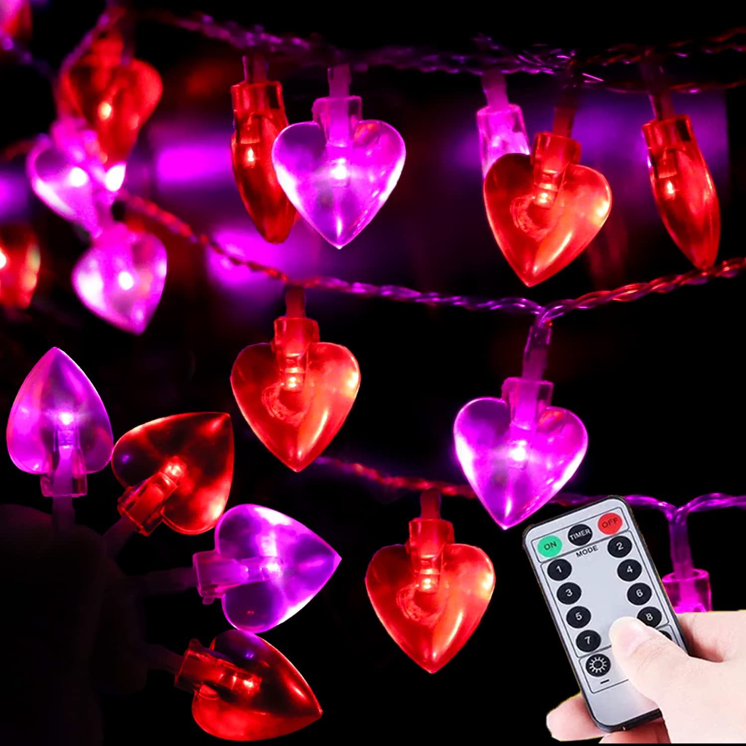 Ohwewant 50 LED Red and Pink Valentines Lights, [Timer 8 Modes] Battery Operated Valentine Heart Lights String, Valentines Day Decor Lights for Valentine Decoration Wedding Anniversary Mother Day