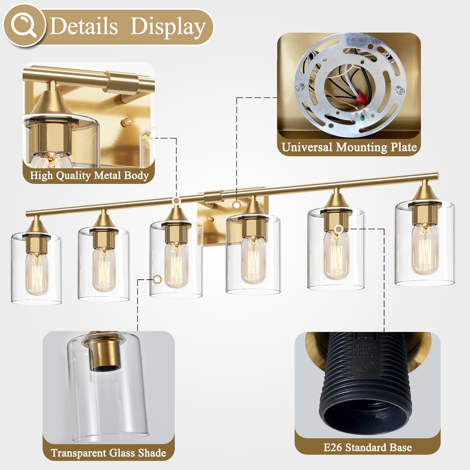 Xpehk 6-Light Gold Vanity Light,Bathroom Light Fixtures,Modern Brushed Brass Gold Wall Sconce Lighting,Bathroom Wall Lamp For Mi
