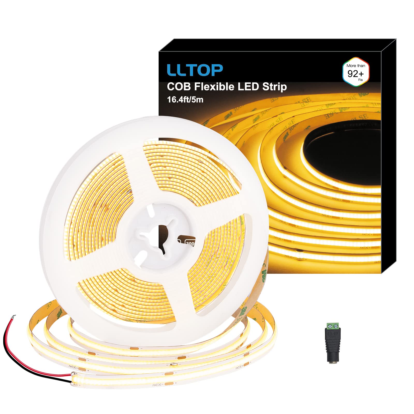 Lltop Cob Led Strip Lights Warm White 3000K, Dc24V 16.4Ft/5M High Cri 92Ra+ Flexible Led Tape Lighting Diy Cuttable For Bedroom