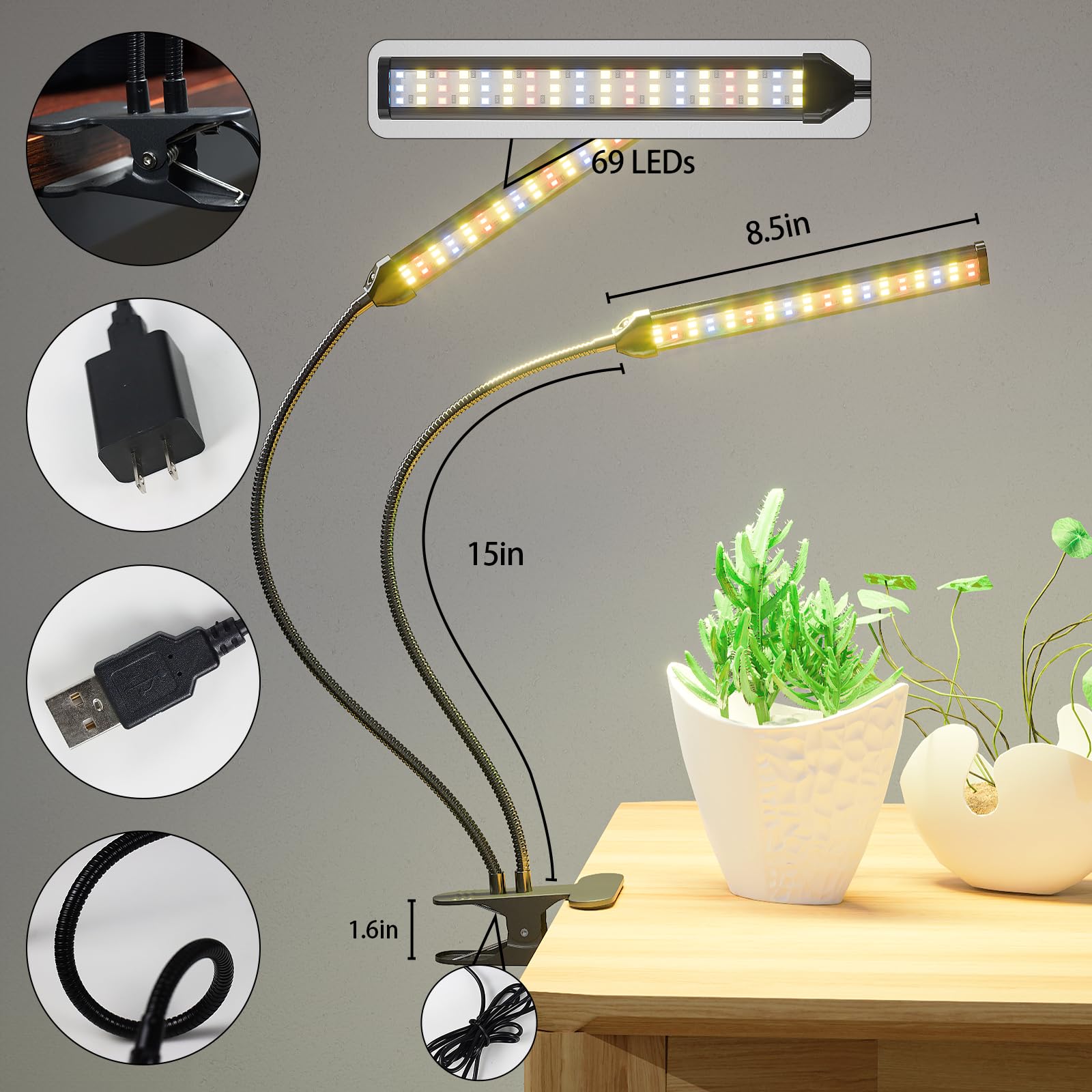 Gooingtop Grow Light Gooseneck Led Lamp,80W 5000K Full Spectrum Plant Lamp Clip-On Desktop For Indoor Small Plants Growing,Timer 4 8 12 18Hrs,Brightness & Color Spectrum Changeable