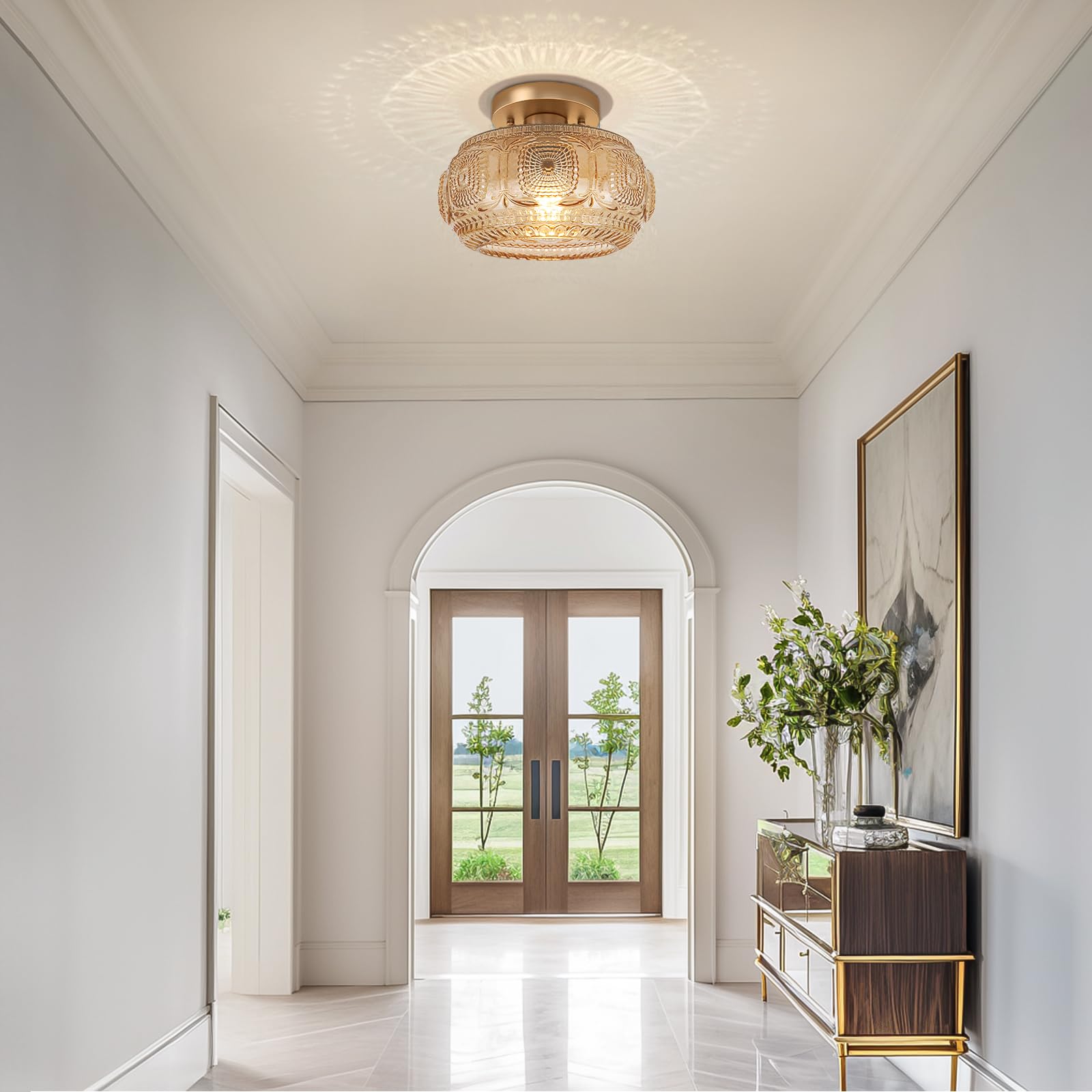 OYKYOHEI Semi Flush Mount Ceiling Light, Amber Glass Fixture for Hallway, 9.38 Inch, Art Deco Design, Bulb Not Included