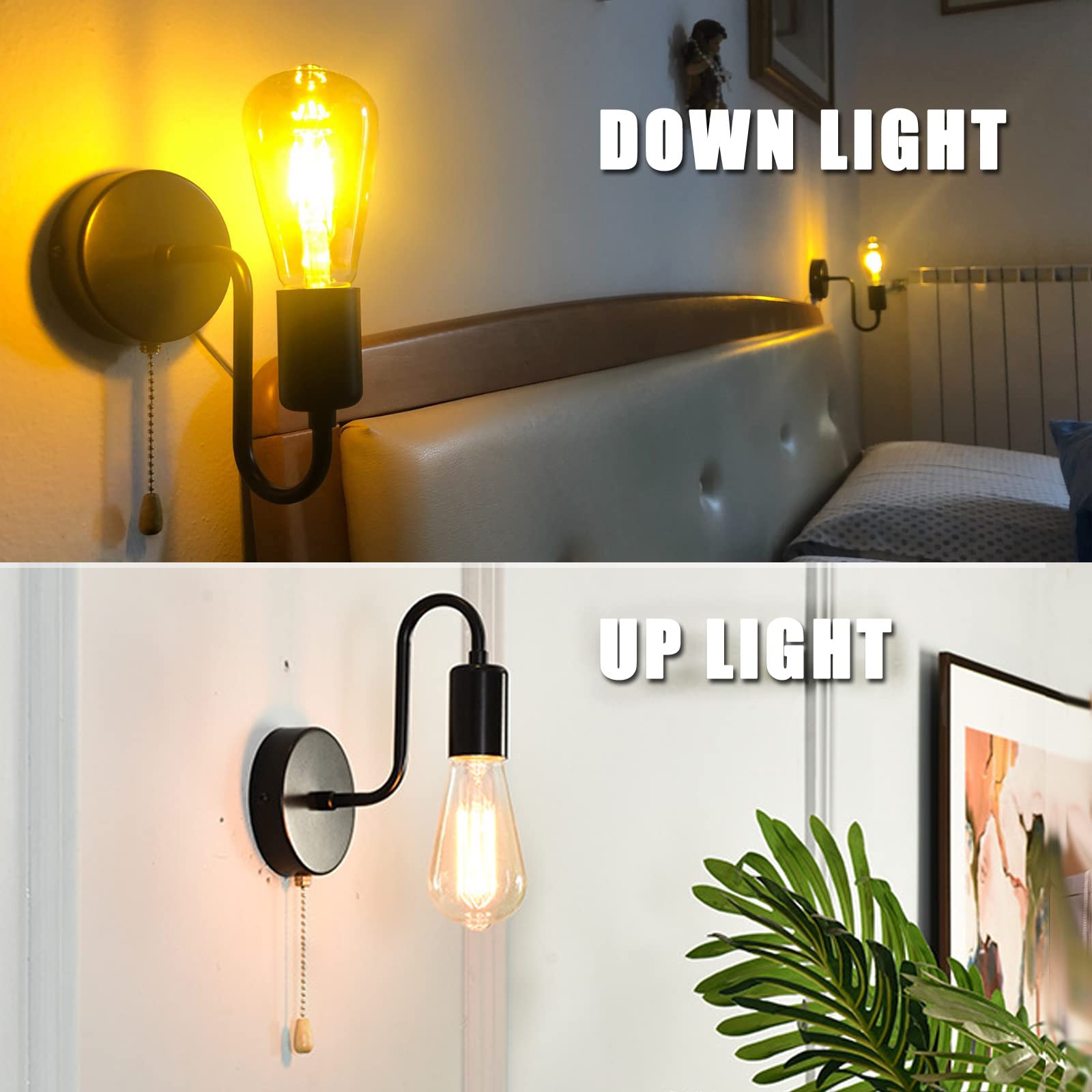 JZCDR Vintage Pull Chain Wall Sconce Light, Retro E26 Industrial Design, Hard Wired, Black, 1-Light, Model JZCDR-01