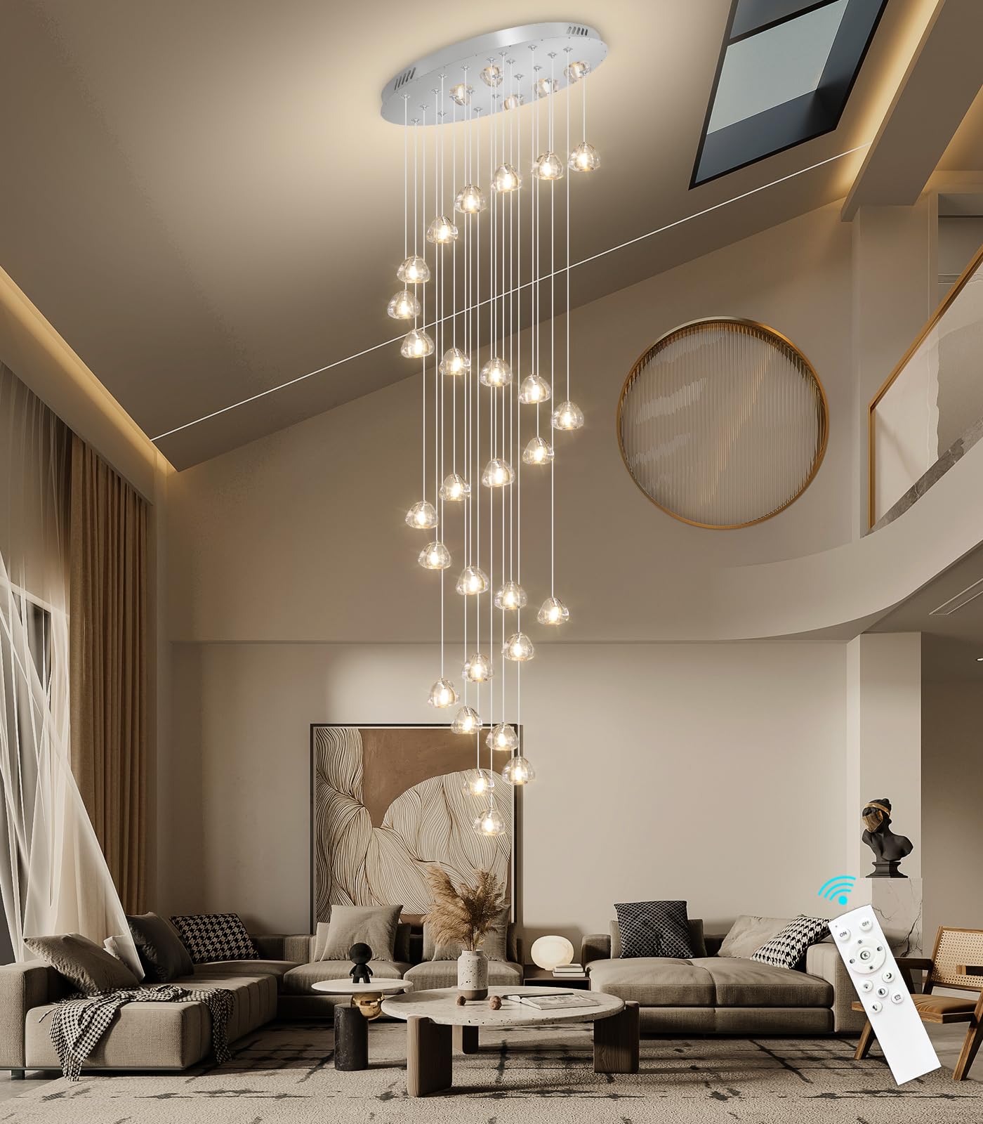 HAIXIANG 13ft LED Chandelier - Dimmable Pendant Lighting for High Ceilings, Mirror Chrome, 28 Lights, Model MMQ9025