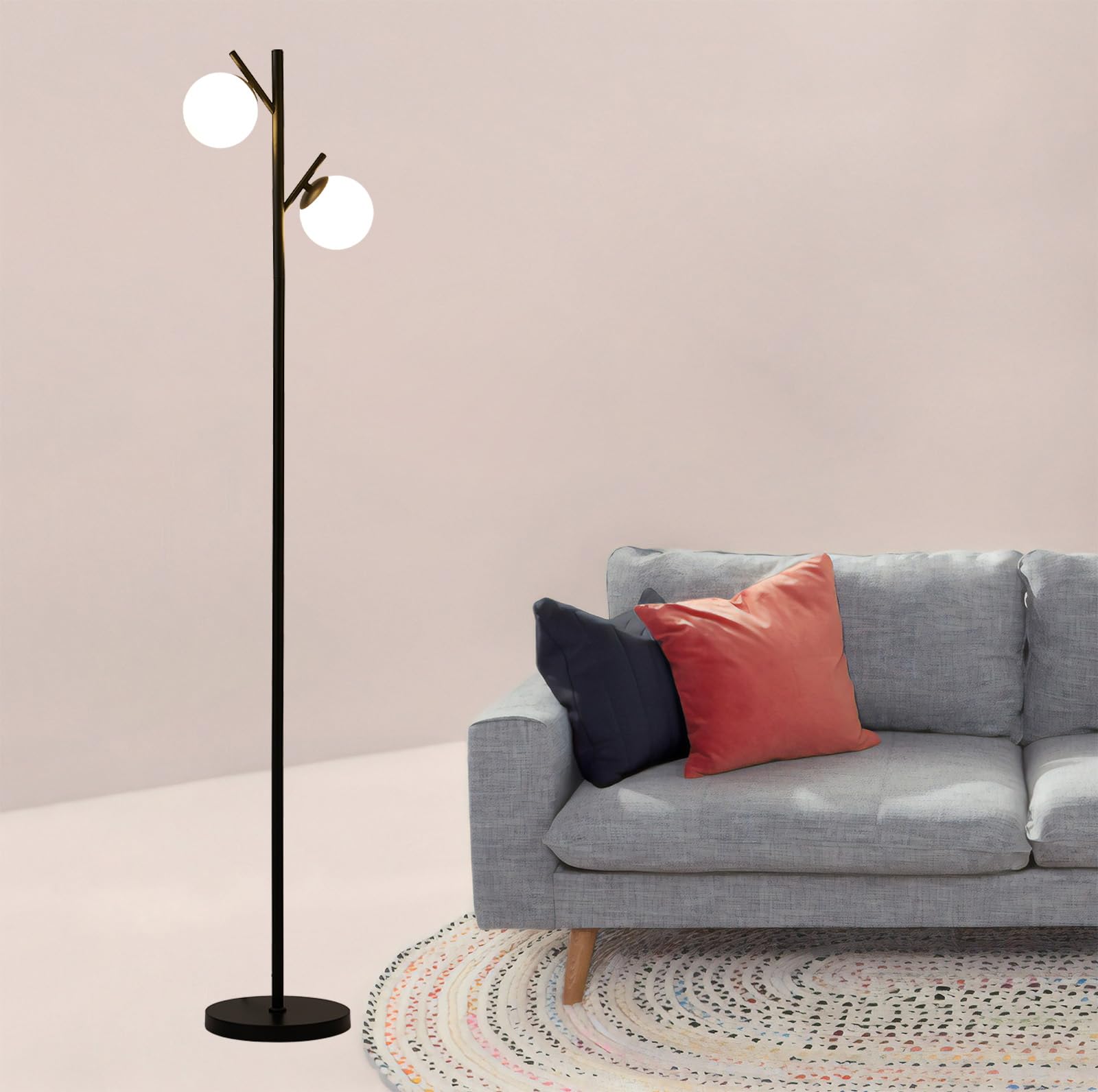 Fiqevs Black Mid Century Floor Lamp With 2 Led Bulbs & Frosted Glass Shades For Living Room