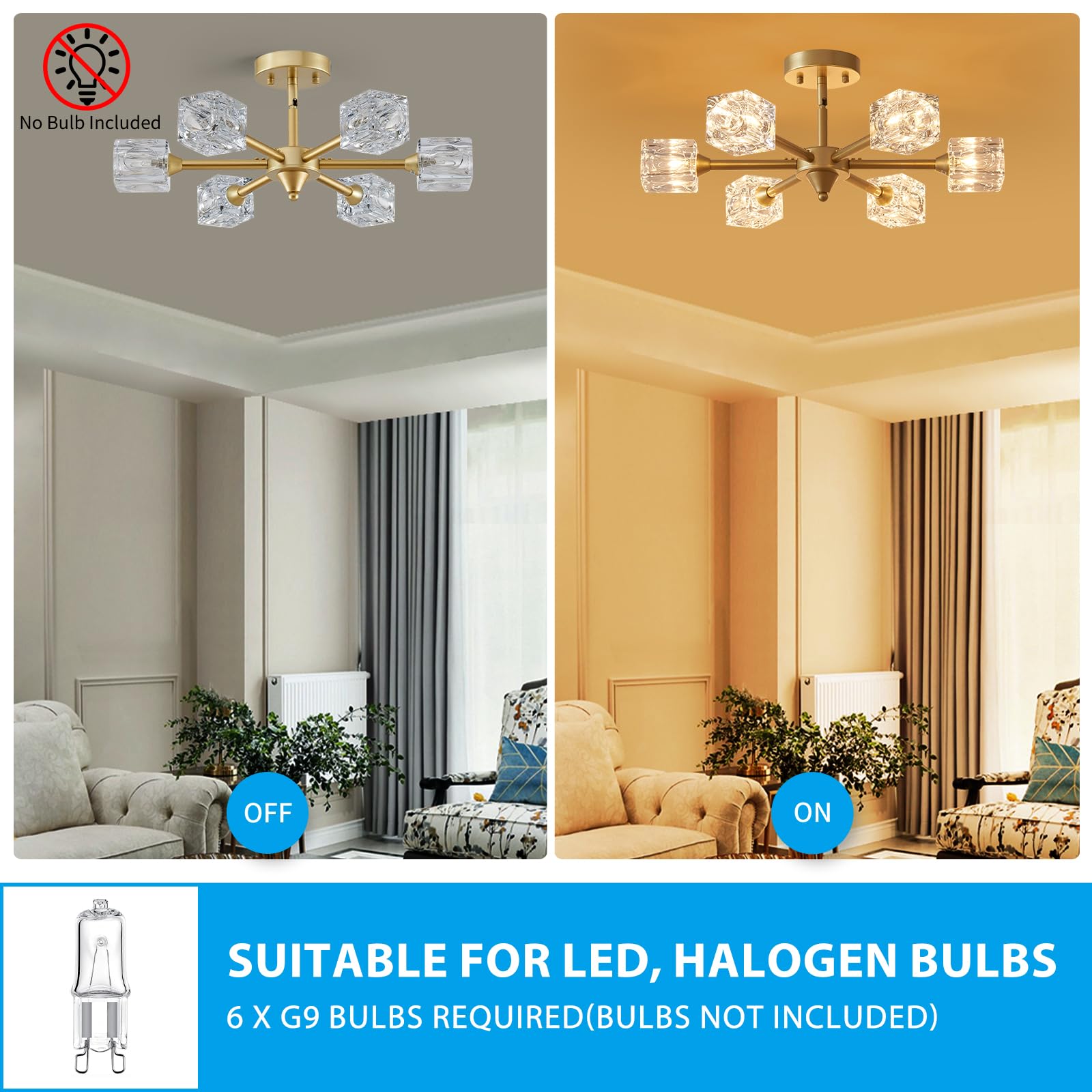 Xingqi Gold Glass Chandelier Sputnik 6-Light Mid Century Semi Flush Mount Ceiling Light Fixture 22'' Modern Ceiling Lighting For