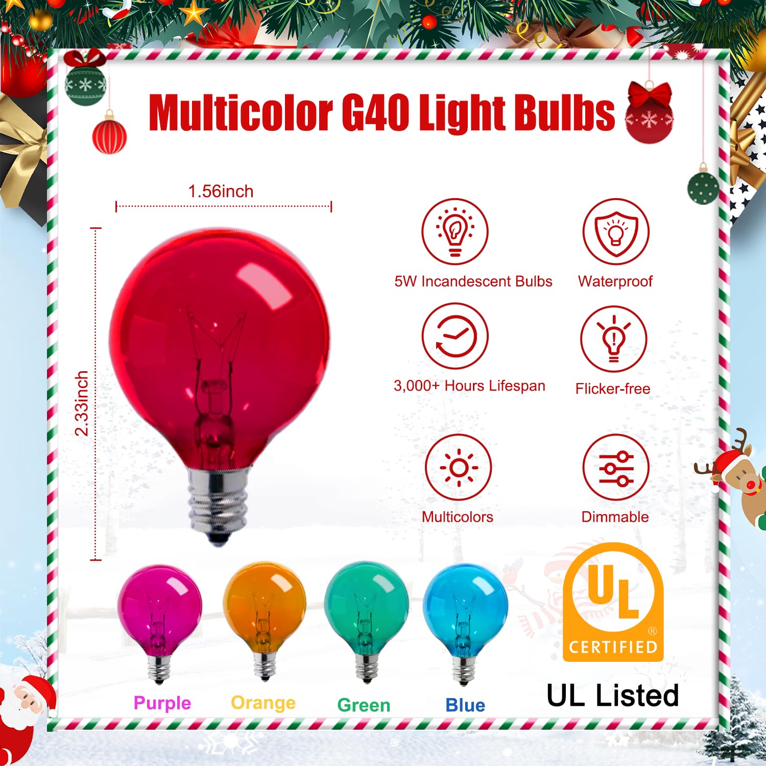 Brightown G40 Colorful Incandescent Bulbs, 5W E12 Candelabra Base, 25 Pack, Glass, Vintage Globe for Holiday Decoration