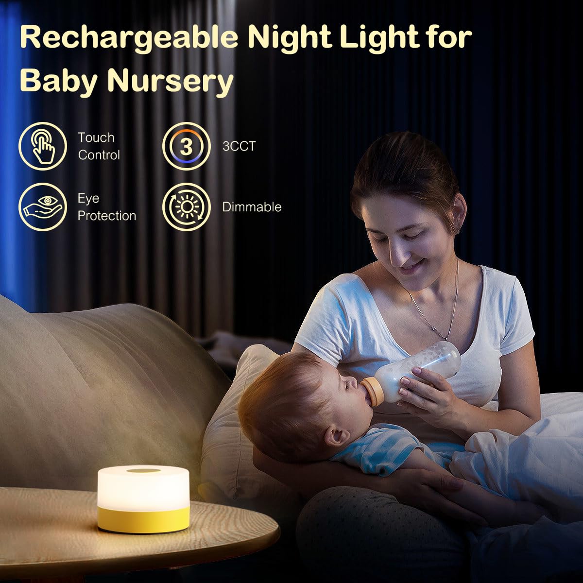JUSHENG USB Rechargeable Touch Lamp, 3CCT Dimming Function, Portable Night Light for Baby Nursery, Bright Yellow, Model CG0025YL