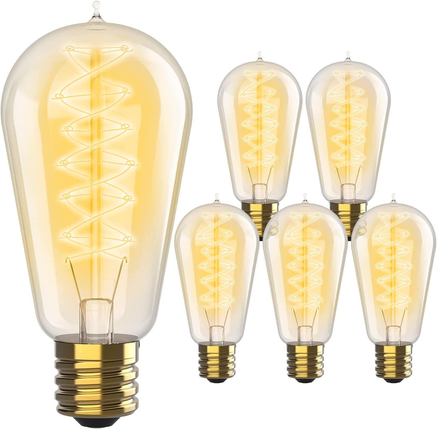 Hudson Vintage Incandescent Edison Light Bulbs 60W (6 Pack) E26/E27 Base 2100K Dimmable Decorative Lightbulbs - St58 Style Warm