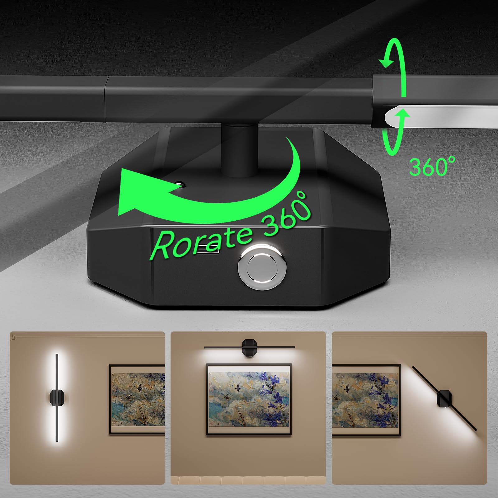 hunhun Battery Operated Wall Sconce Set of 2, USB Rechargeable, Dimmable 3000K-6000K, 28 inch, Black, Model BD730