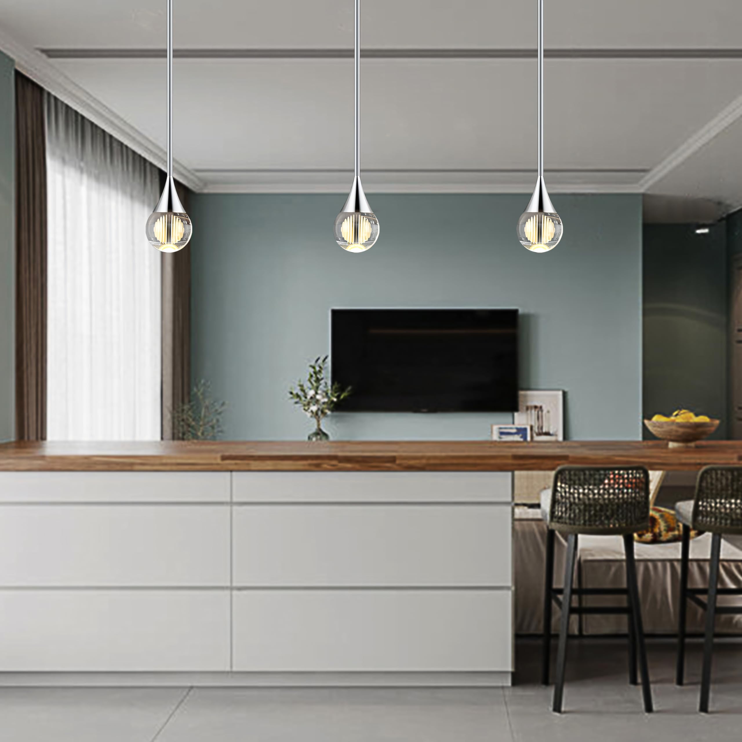 1-Pendant Lights Kitchen Island  Silver Crystal Globe Ceiling Hanging Light Fxitures  Led Light Fixtures Metal Rod Ceiling Glass Pendant Lighting For Kitchen Island Dining Room Bar