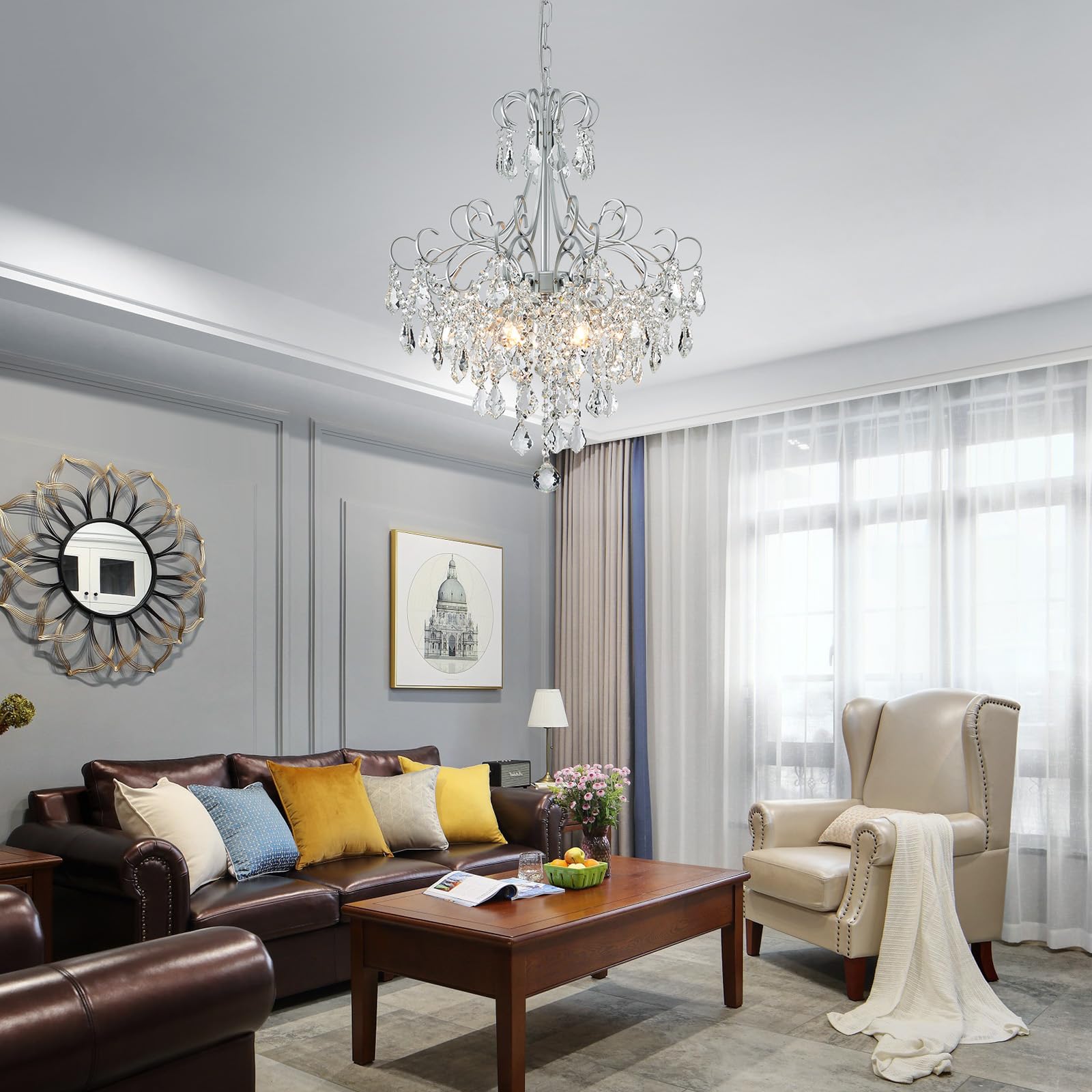 WUZUPS 5-Light Crystal Chandelier Pendant Ceiling Light, 22.4" H x 18.3" W, Silver Metal, Modern Fixture for Dining Room, Hallway, Kitchen