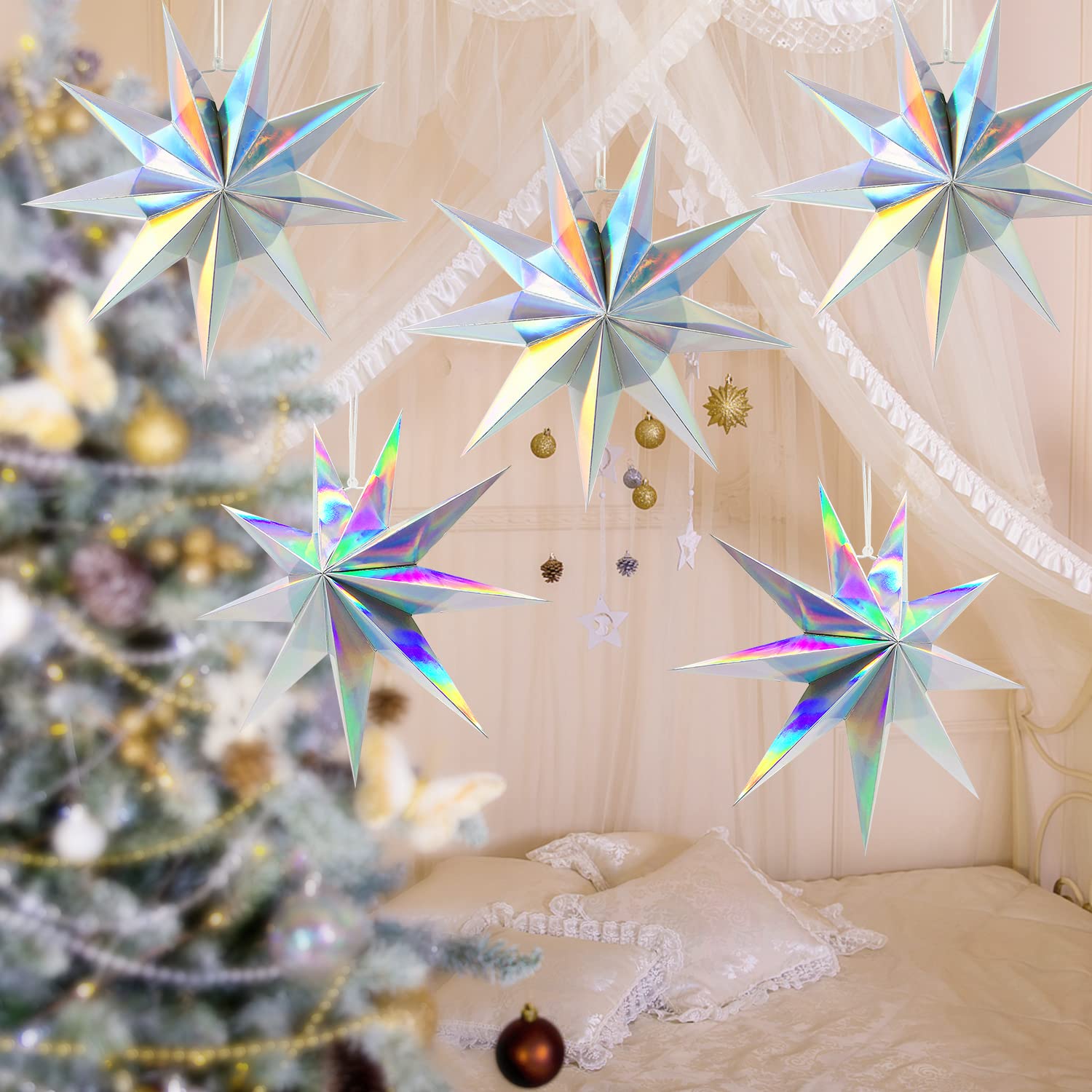 5Pack 9-Pointed Paper Star Lanterns 11.8 Inch Iridescent Hanging Paper Lampshade For Winter Wonderland  Christmas Holiday  Weddings  Frozen Birthday Party Celebration Decor