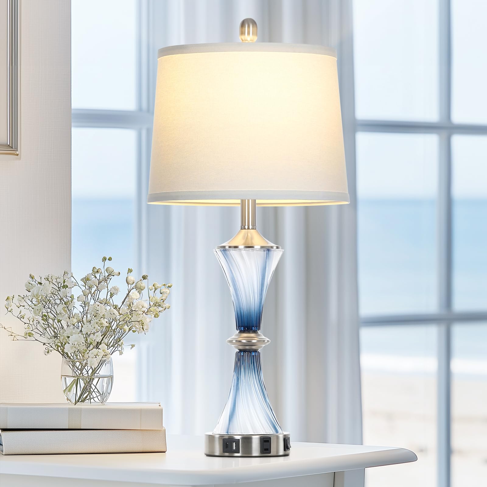 Rinweey Blue Glass Table Lamp With Usb C+A Ports & Ac Outlet,Coastal Bedside Lamp For Night Stands Bedroom Living Room,Nightstan