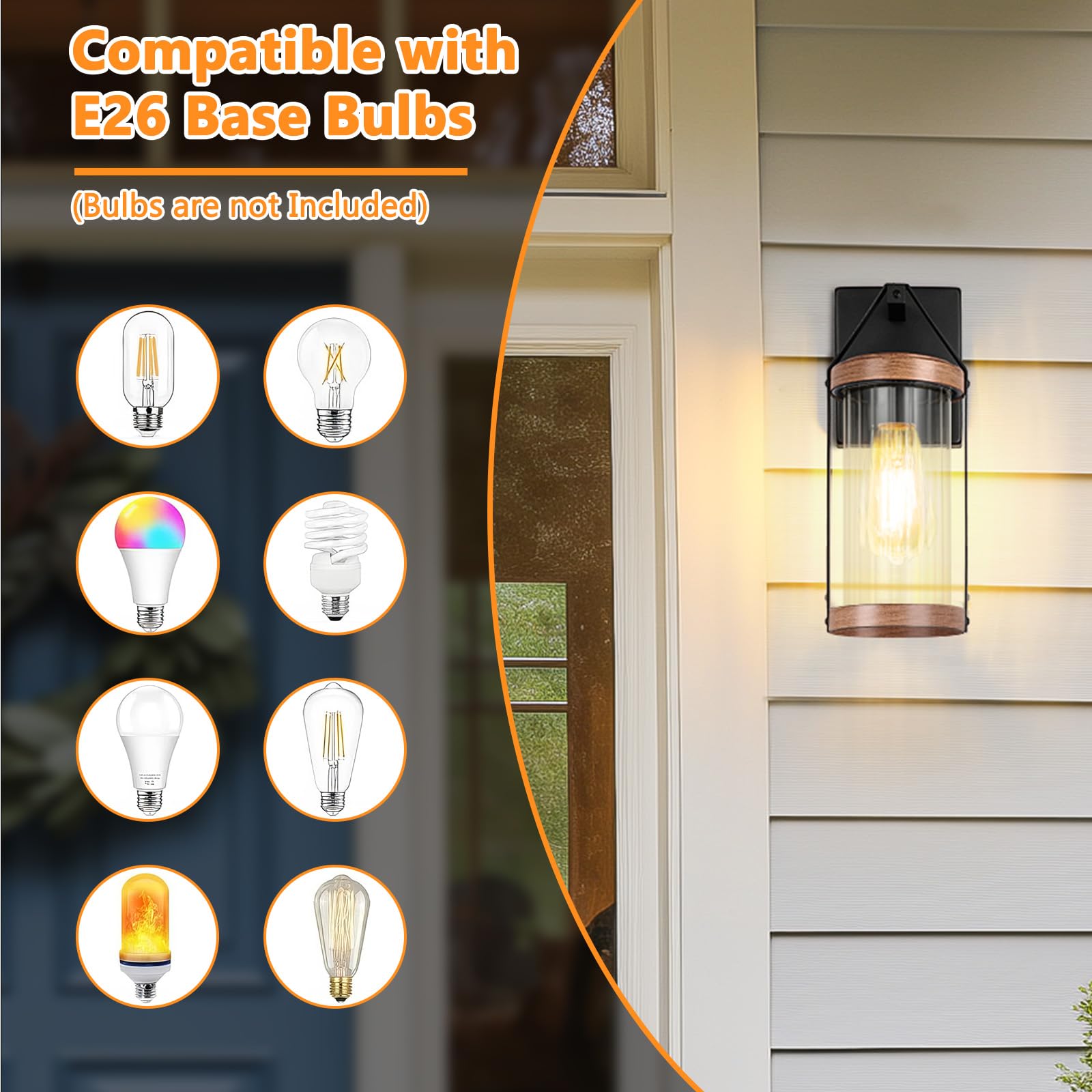 Brightever 2-Pack Outdoor Wall Lanterns, Waterproof Black Sconce with Clear Glass, Wood Texture, Model B05043BP