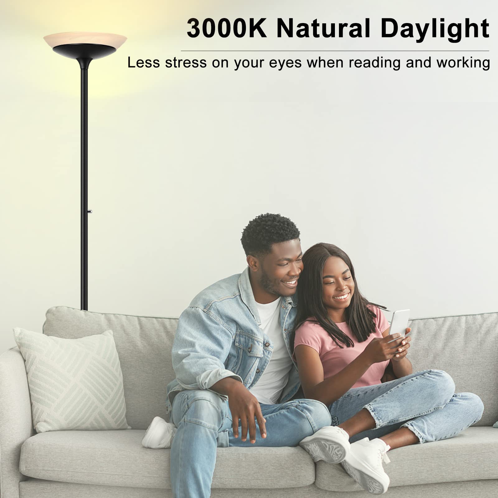 Boostarea Torchiere Floor Lamp, 30W Super Bright Led Standing Lamp, Stepless Dimmable Pole Lamp With 3000K Lighting, Rotary Swit